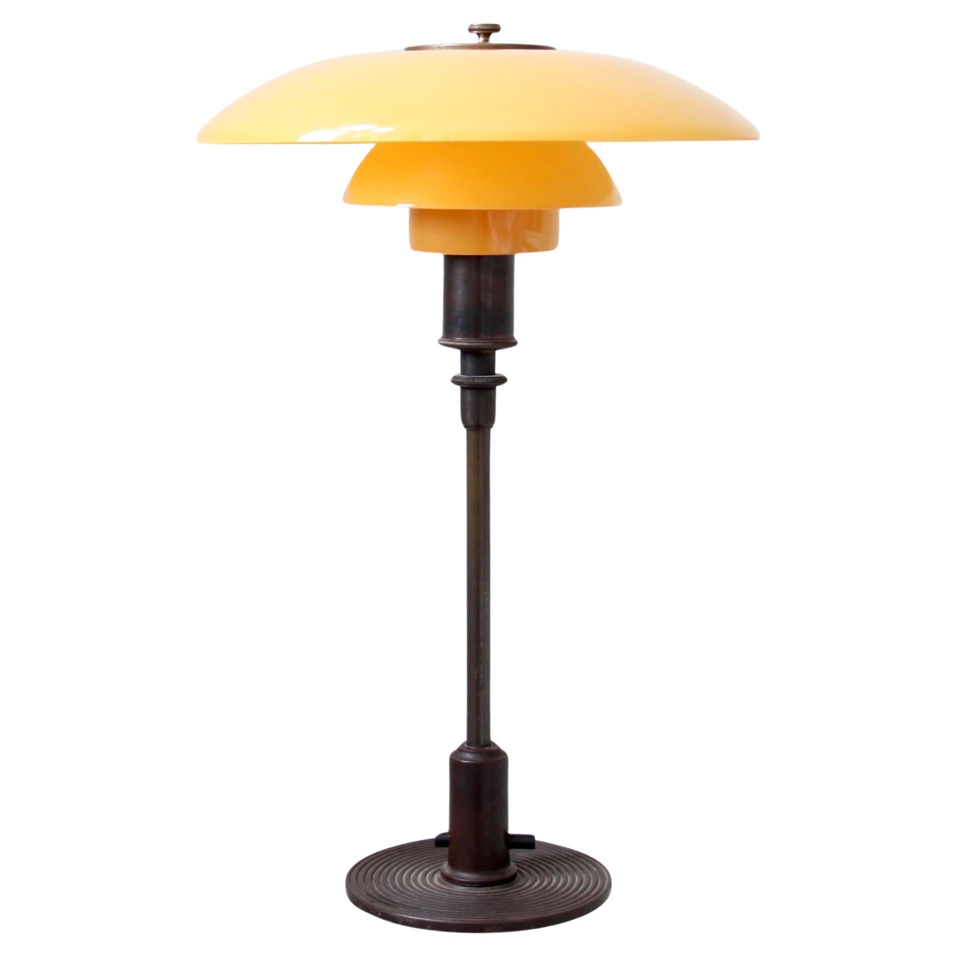 Poul Henningsen 3/2 Table Lamp, PATENDED, Copper and Amber Light Shades