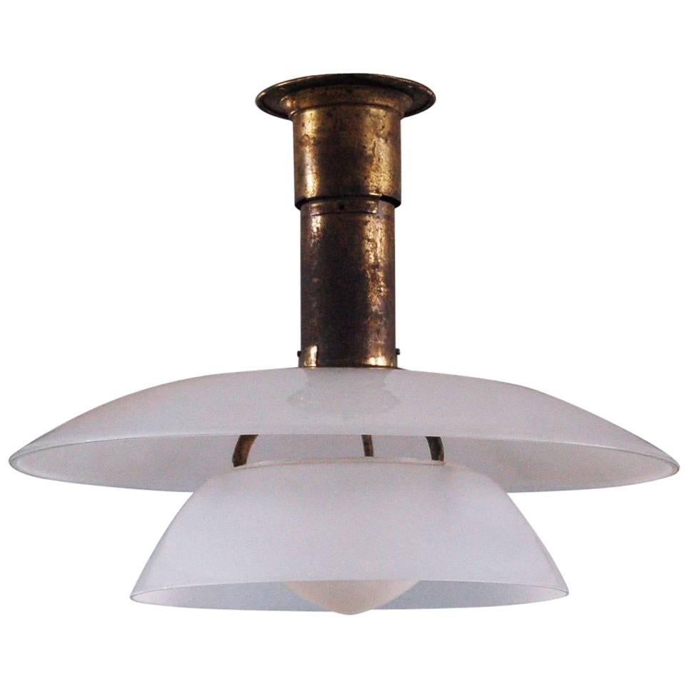 Poul Henningsen, 4/4 Rare Brass Pendant White Frosted Shades, Pat Appl, ca. 1926