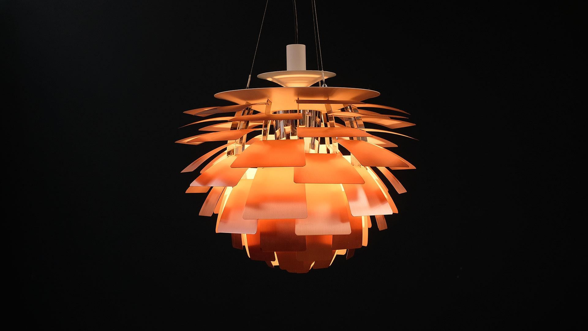 Vintage Poul Henningsen Artichoke pendant light. 60cm diameter example with light patina to the copper shades. Iconic and beautiful.