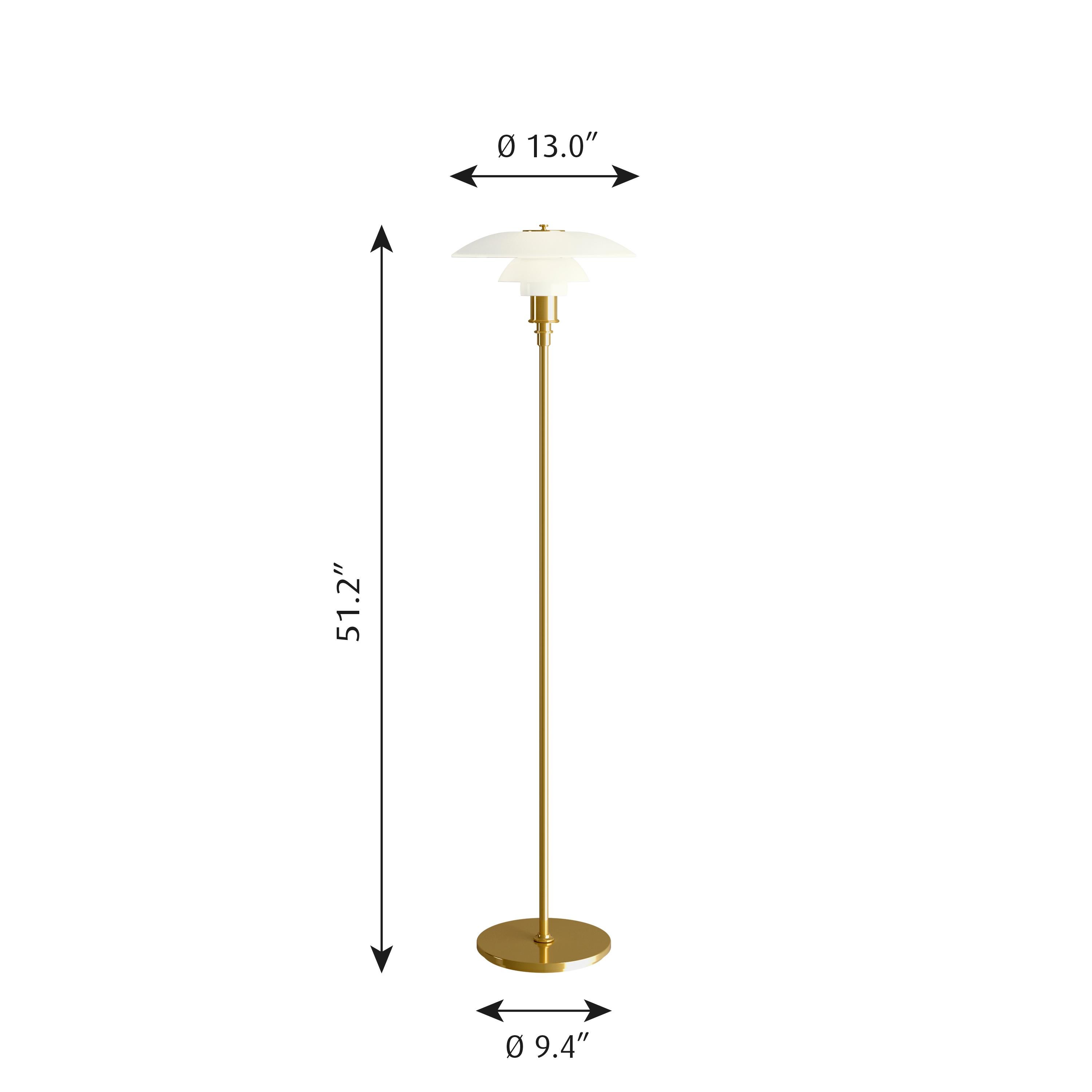 Poul Henningsen brass and glass PH 3½-2½ floor lamp for Louis Poulsen. Executed in white opal glass and a brass, chrome or black metallized frame. The Industrial look of the black metallized surface offers a bold, understated look, while the chrome