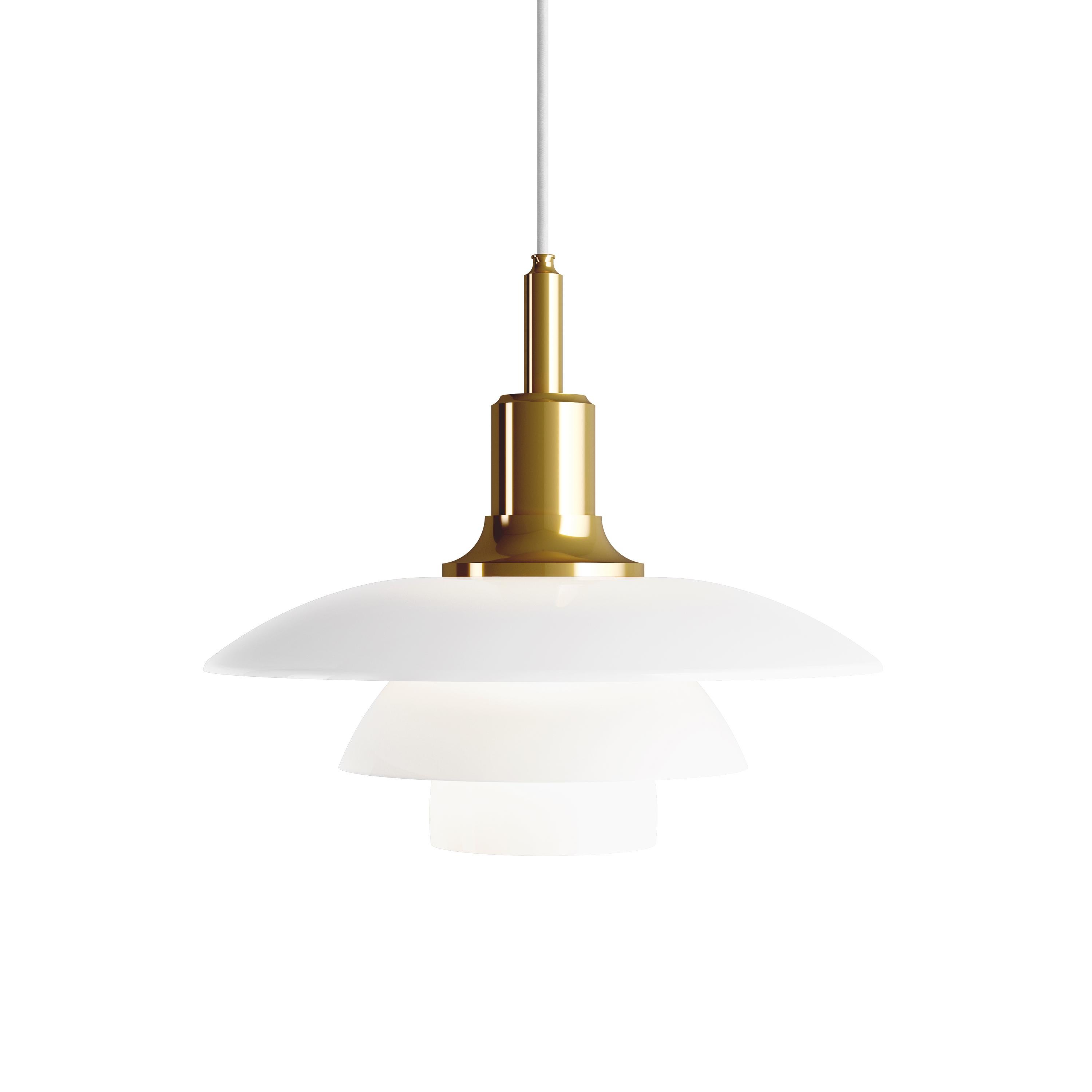 Poul Henningsen brass and glass PH 3½-3 pendant for Louis Poulsen. 

Executed in white opal glass and choice of brass, chrome or black metallized frame. The mouth-blown white opal glass shades soften the overall look of the lamp and illuminate its