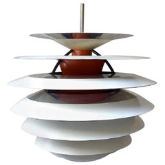 Poul Henningsen, "Contrast". Pendant with White and Orange Metal Lamellas, 1960s
