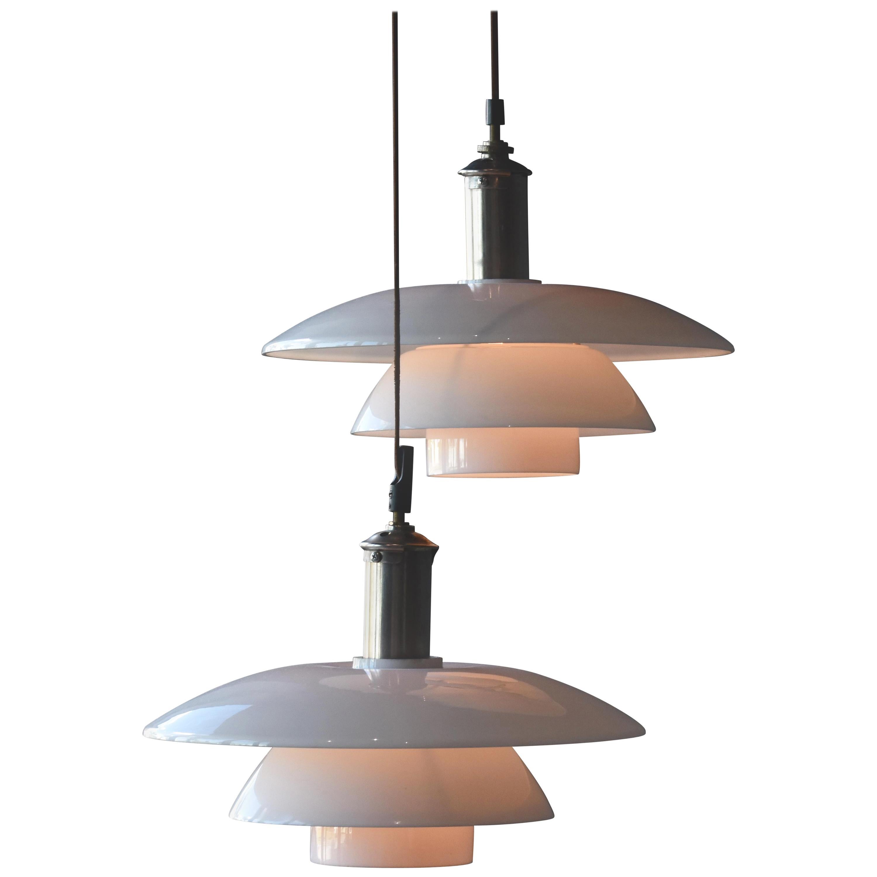 Poul Henningsen, Pair of 4/4 Pendant Lamps, Nickel-Plated Metal, Glass, 1940s
