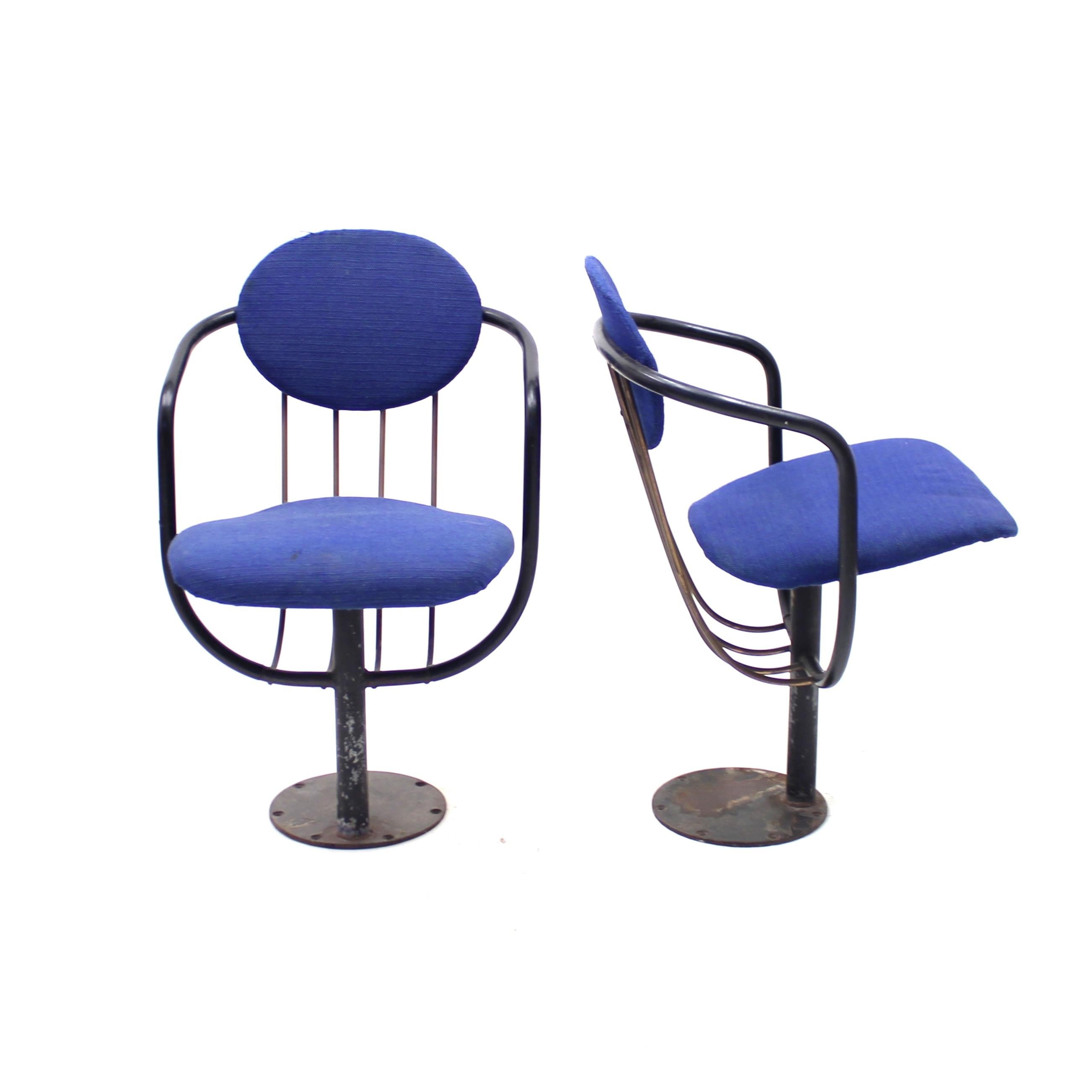 Rare pair of foldable theatre chairs designed by Poul Henningsen in 1957 for the renovation of the Betty Nansen Theatre (earlier The Young Theatre) in Copenhagen and made by Andreas Christensen. The chairs were featured in the renowned Danish design