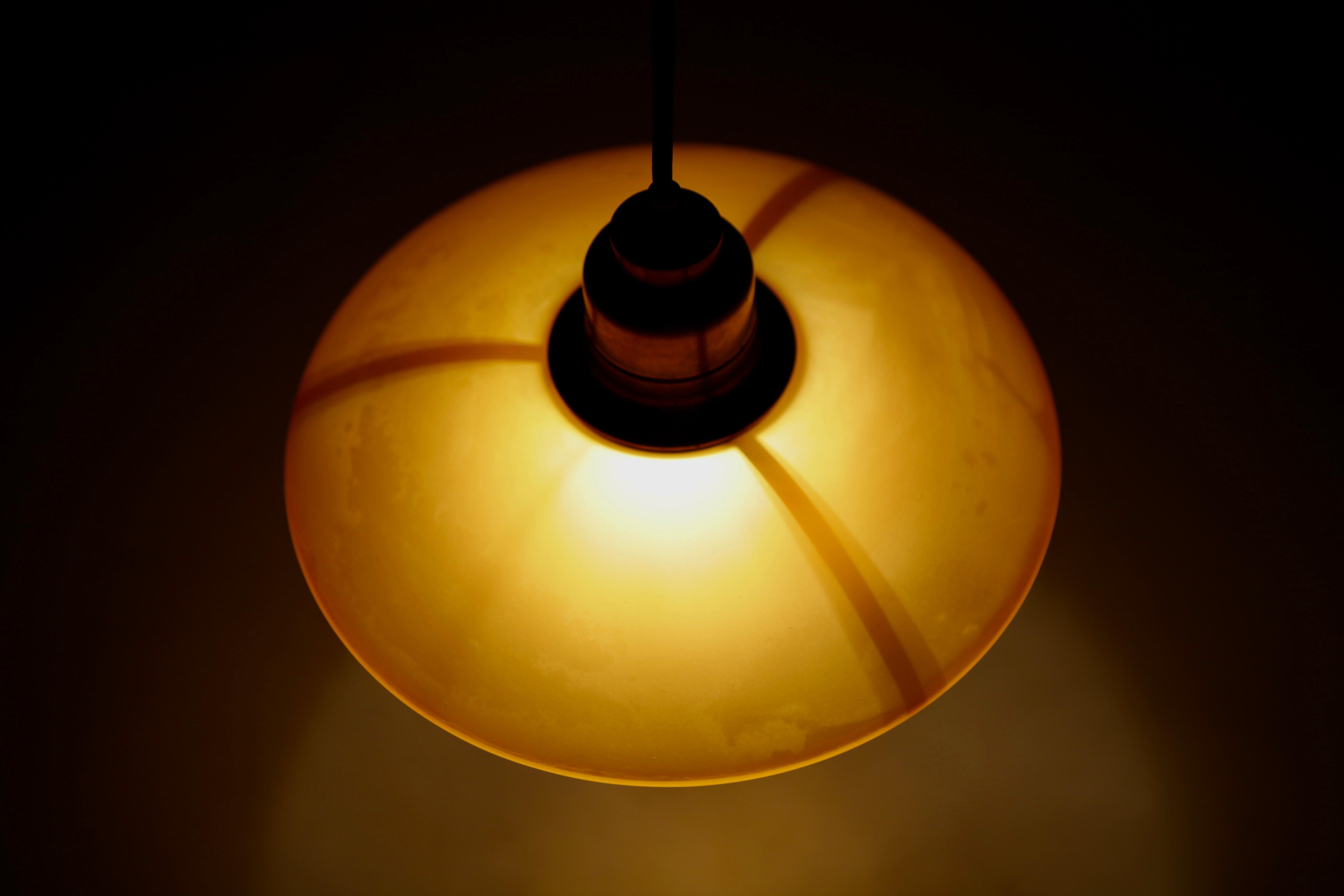 Scandinavian Modern Poul Henningsen, Pendant in Amber Glas & Brass, Model PH 3/ 1/2-3, Denmark