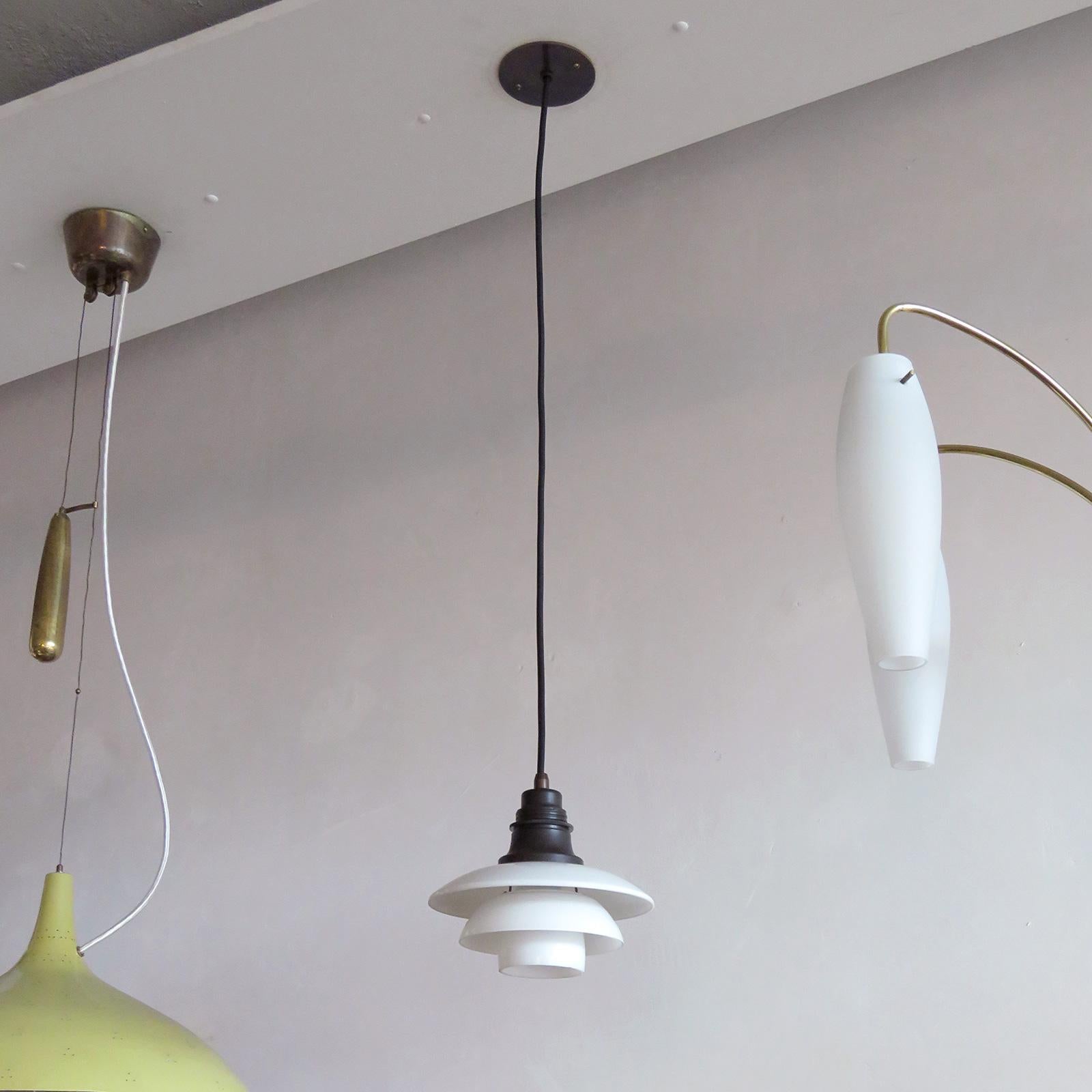 Outstanding PH-2 pendant light by Poul Henningsen for Louis Poulsen, opal glass on bakelite socket, signed or stamped at socket, patented PH-2.