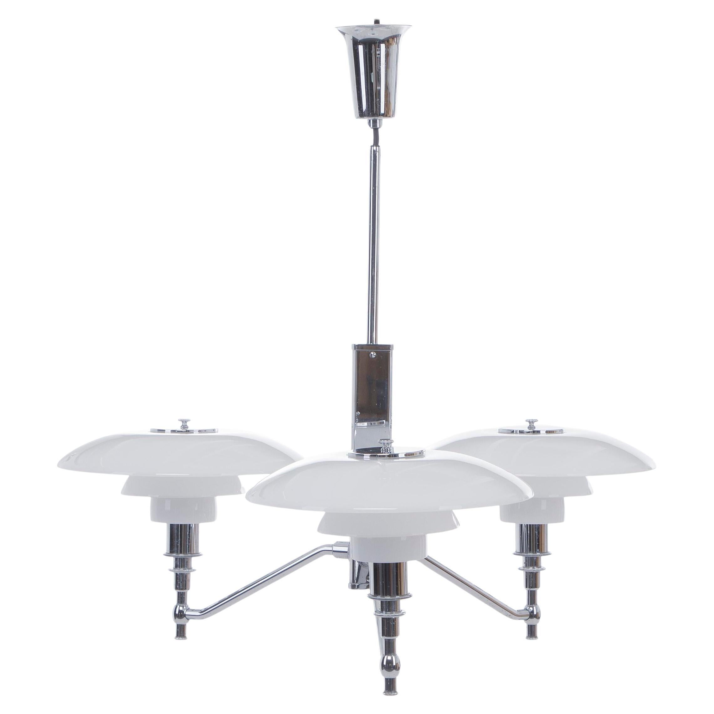 Poul Henningsen “PH 3/2 Academy” Three Branched Chandelier with Chromed Metal