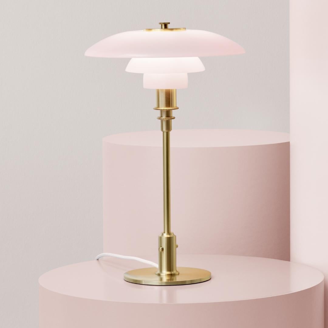 Danish Poul Henningsen 'PH 3/2' Pale Rose Glass and Brass Table Lamp for Louis Poulsen For Sale