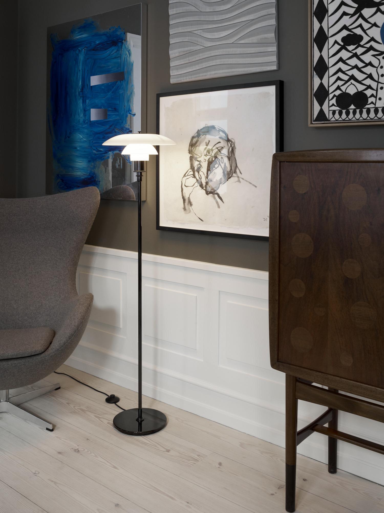 Metal Poul Henningsen PH 3½-2½ Opaline Glass and Chrome Floor Lamp for Louis Poulsen For Sale