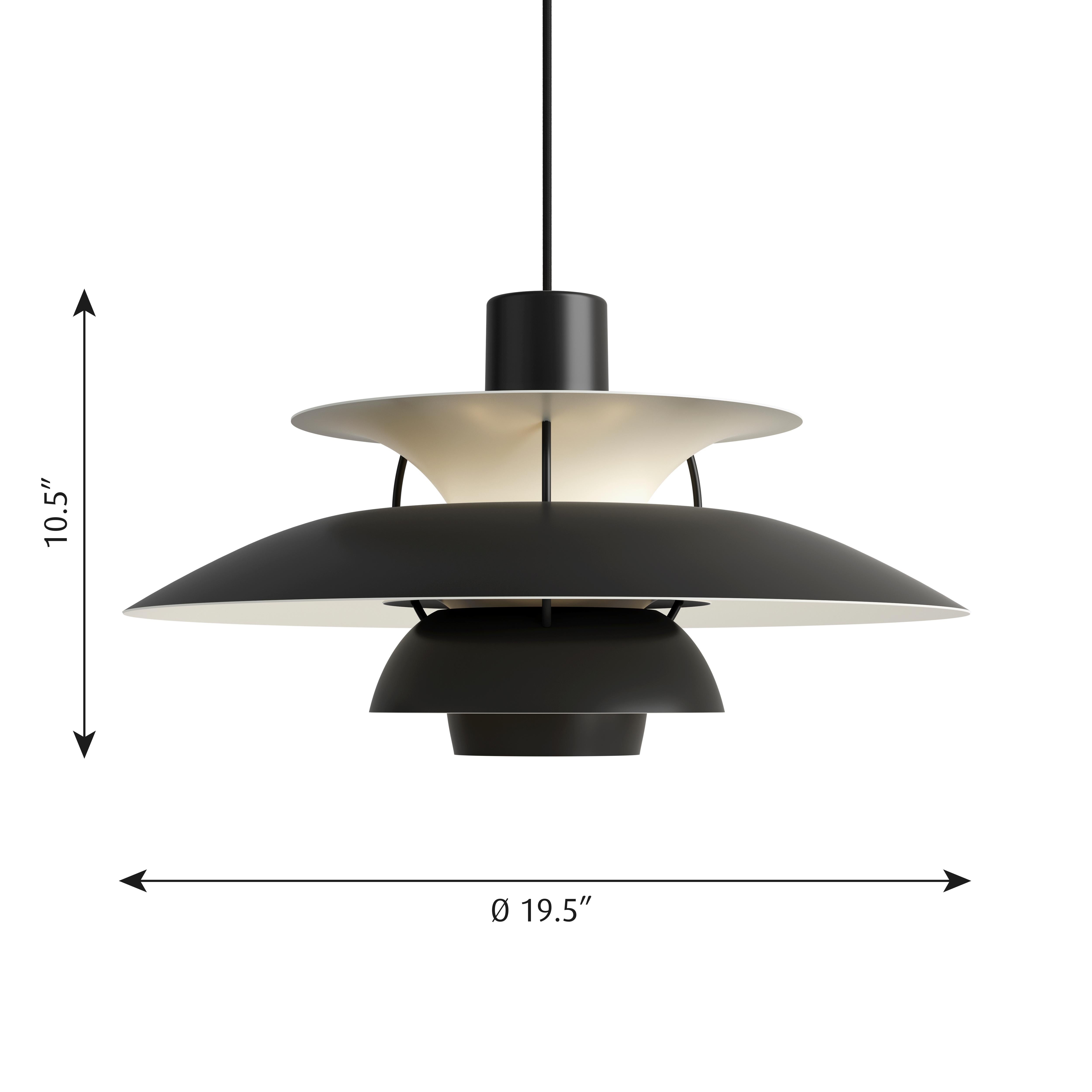 Poul Henningsen PH 5 pendant for Louis Poulsen in all black. Poul Henningsen introduced his iconic PH 5 pendant light in 1958. Six decades later, the PH 5 remains the bestselling design in the Louis Poulsen's portfolio. The PH 5's painted metal
