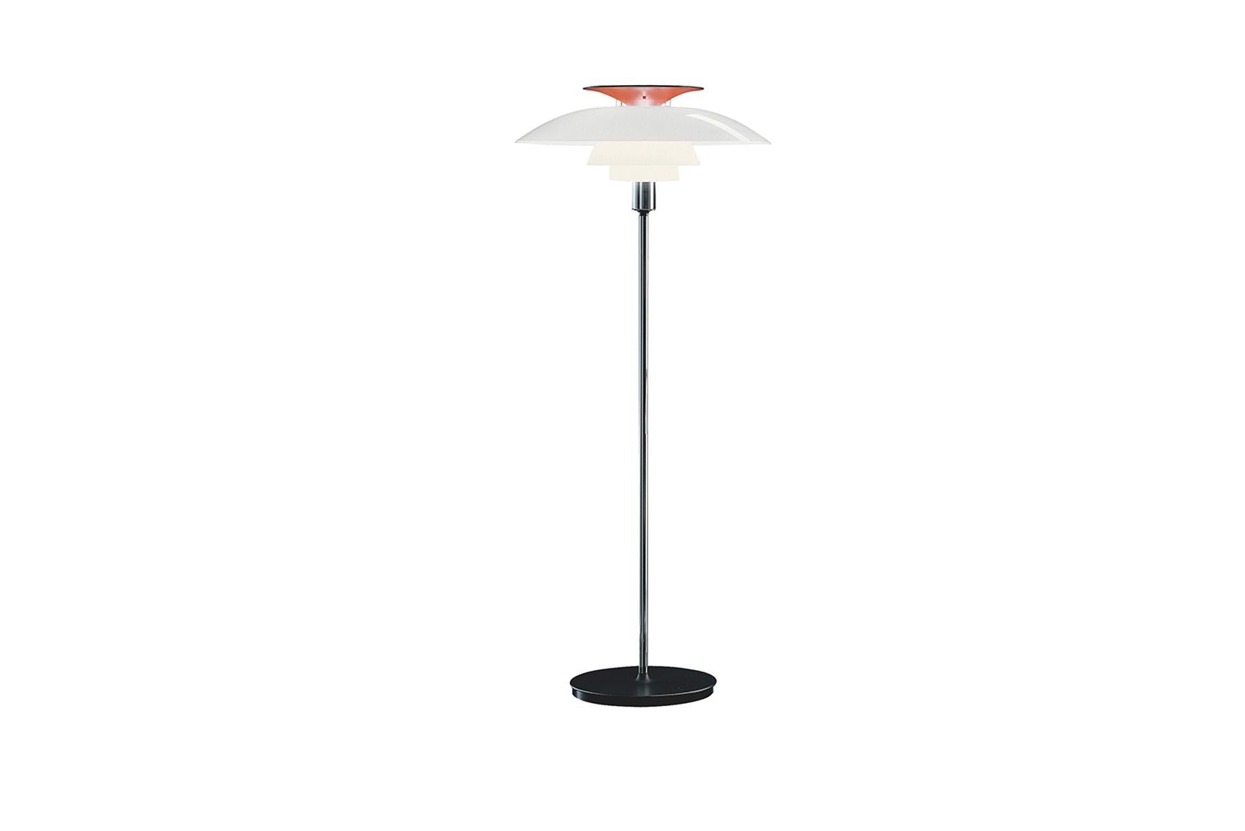 The fixture emits diffuse and symmetrical light. The majority of the light is directed downwards, and the opal acrylic shades provide comfortable room lighting. The red hue of the top reflector helps give the light a warmer glow. Poul Henningsen
