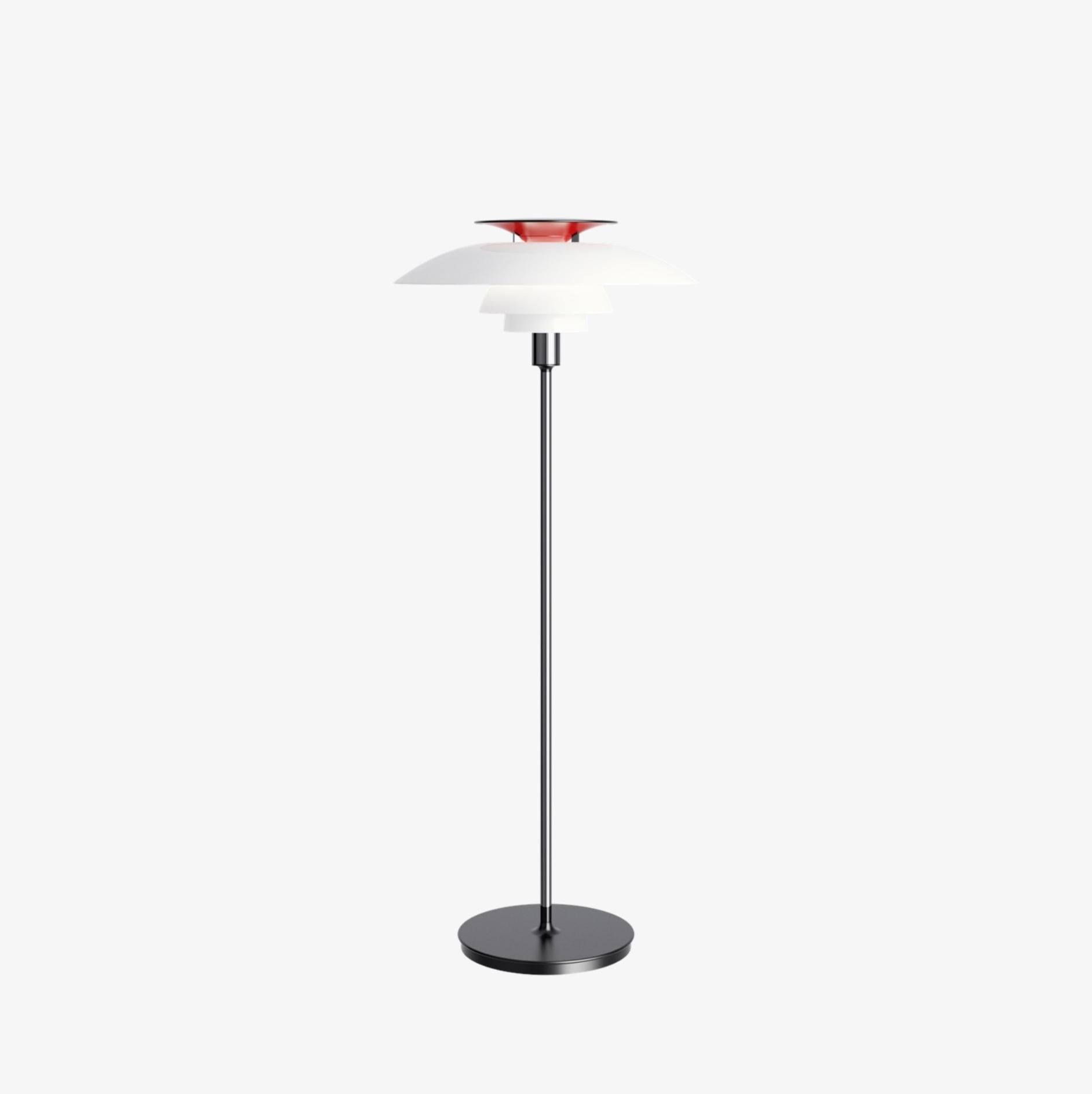 Poul Henningsen 'PH 80' floor lamp in white and chrome for Louis Poulsen. New, current production.

Poul Henningsen designed the three-shade-system back in 1925-26. In collaboration with Louis Poulsen, Henningsen designed the first lamps to use