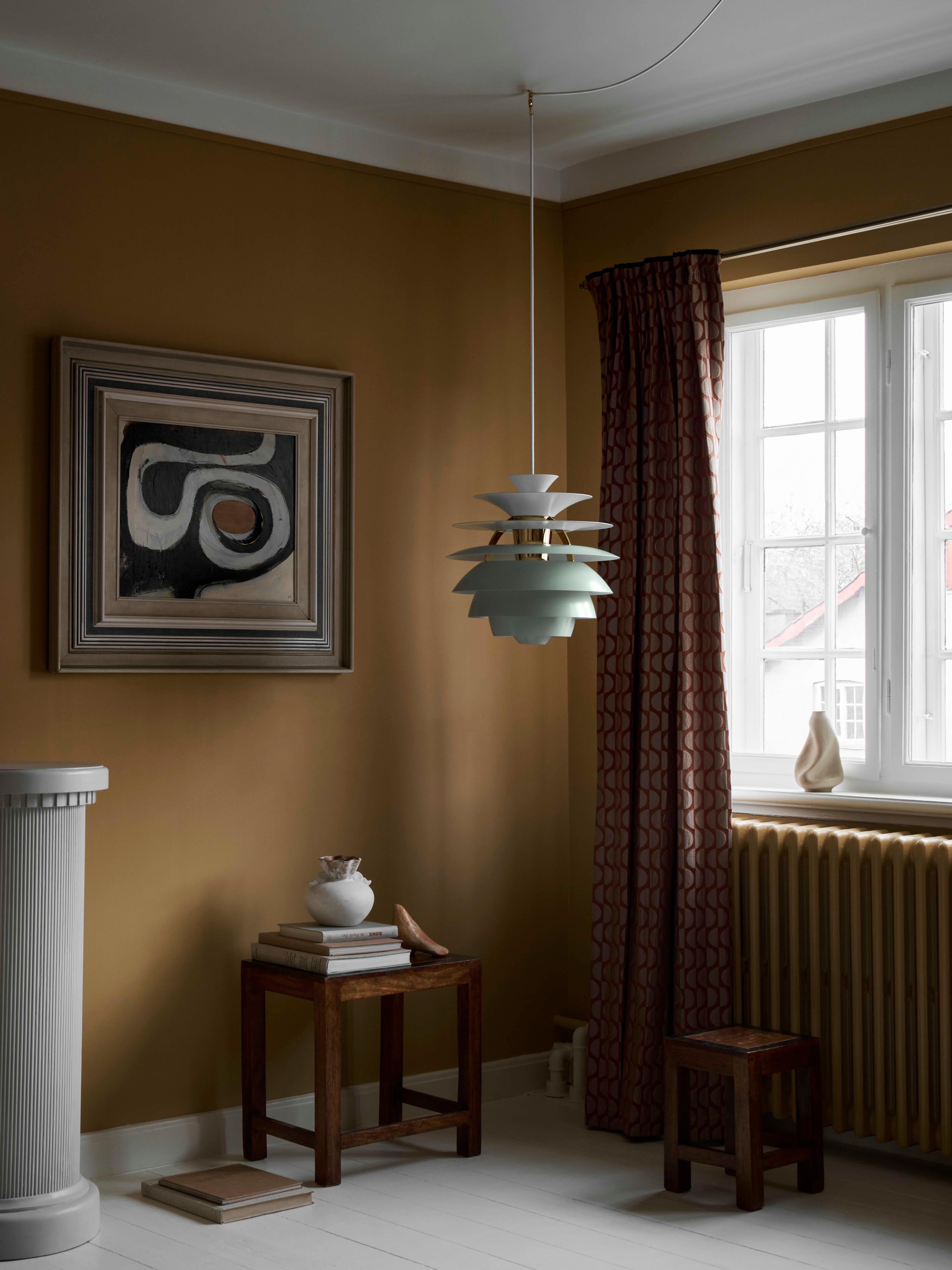 Poul Henningsen 'PH Snowball' Pendant in Soft White & Brass for Louis Poulsen In New Condition For Sale In Glendale, CA