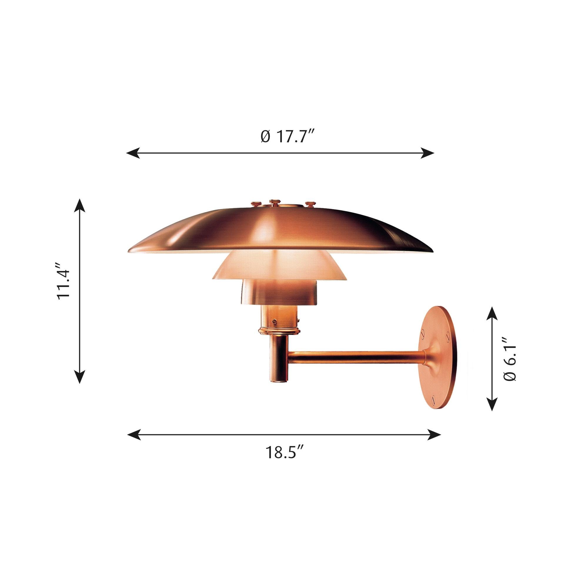 Large Poul Henningsen 'PH Wall' outdoor sconce for Louis Poulsen in raw copper. The PH Wall is part of the revolutionary three shade system developed by Paul Henningsen in 1925-1926 where the metal shades of the lamp ingeniously cast a uniform and