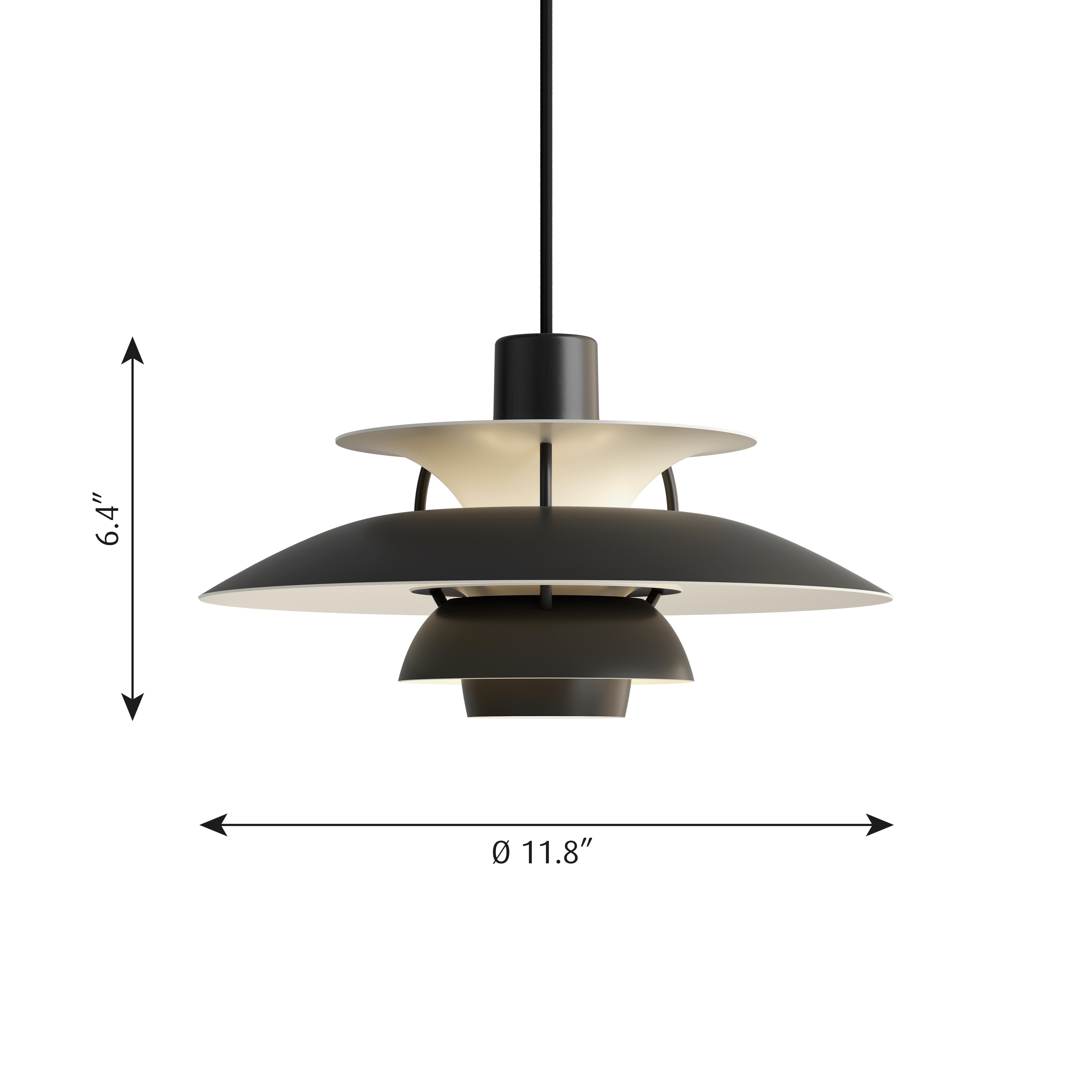 Poul Henningsen PH5 mini pendants for Louis Poulsen in all black. Poul Henningsen originally introduced the full-sized PH 5 pendant light in 1958 as a classic new product. No one knew at the time that it would eventually become synonymous with the
