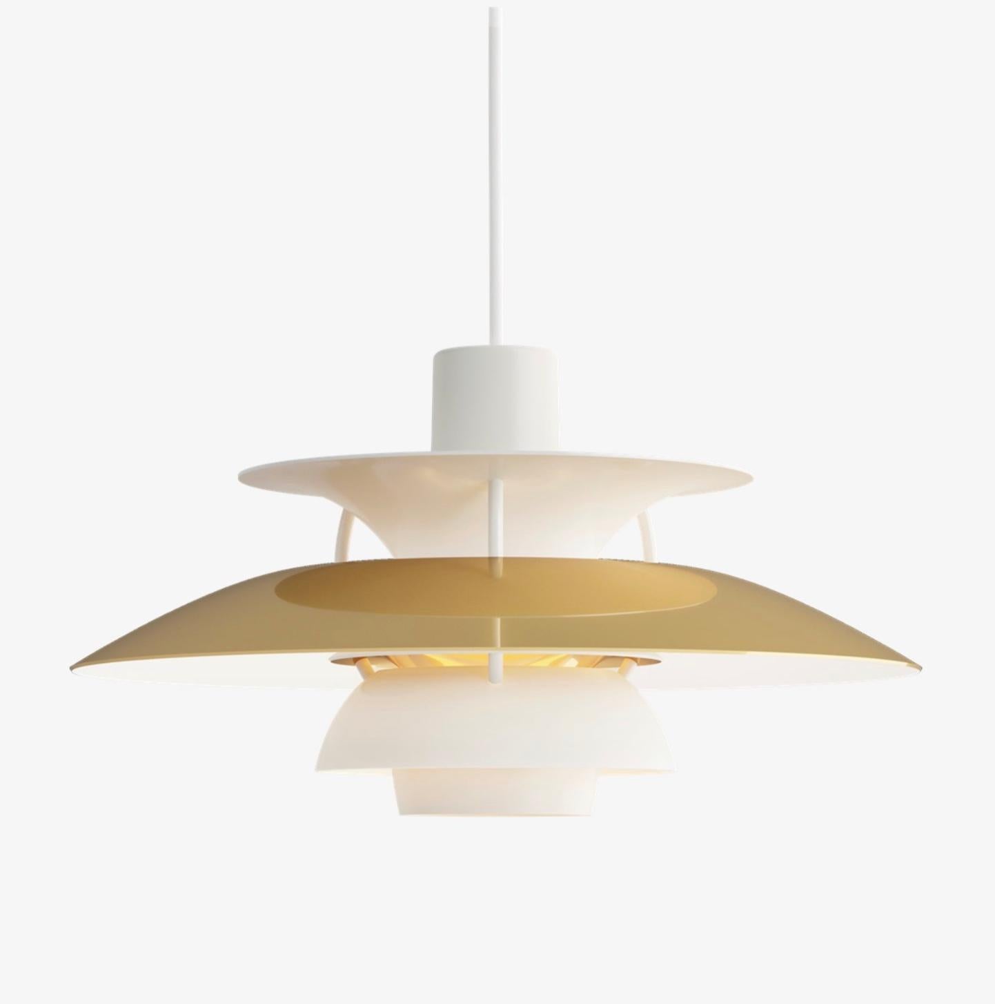 Poul Henningsen PH5 mini pendant for Louis Poulsen. Designed 1958, Mini in 2017. New, current production.

Poul Henningsen developed the PH 5 in 1958 in response to constant changes made to the shape and size of incandescent bulbs by bulb