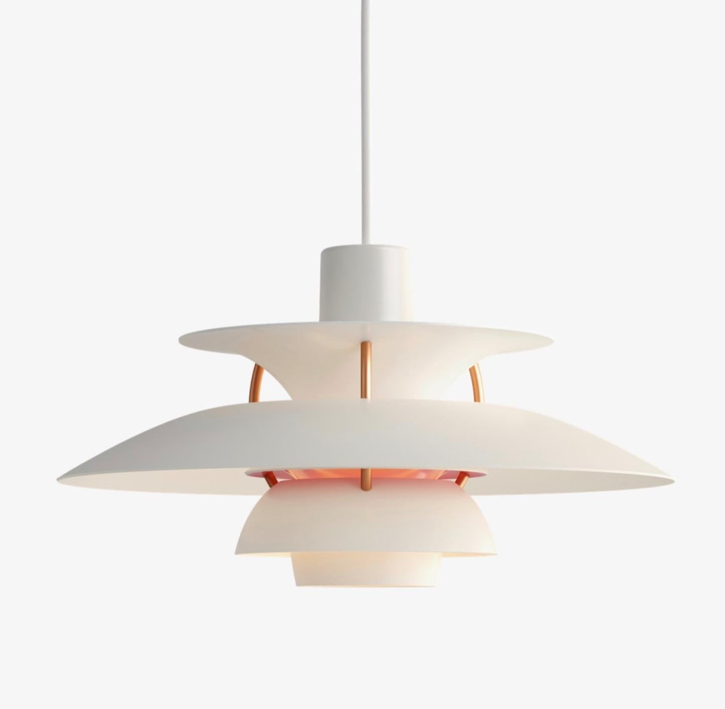 Poul Henningsen PH5 mini pendant for Louis Poulsen. Designed 1958, Mini in 2017. New, current production.

Poul Henningsen developed the PH 5 in 1958 in response to constant changes made to the shape and size of incandescent bulbs by bulb