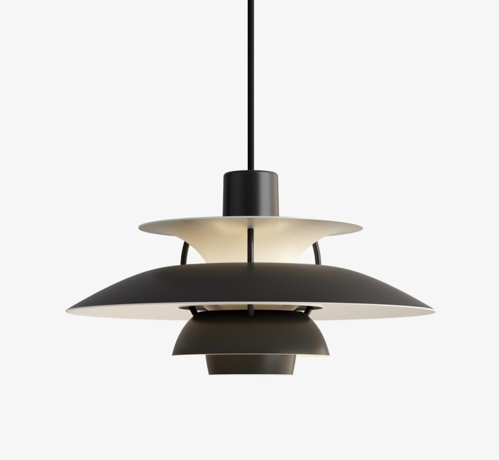 Poul Henningsen PH5 mini pendant for Louis Poulsen. Designed 1958, Mini in 2017. New, current production.

Poul Henningsen developed the PH 5 in 1958 in response to constant changes made to the shape and size of incandescent bulbs by bulb