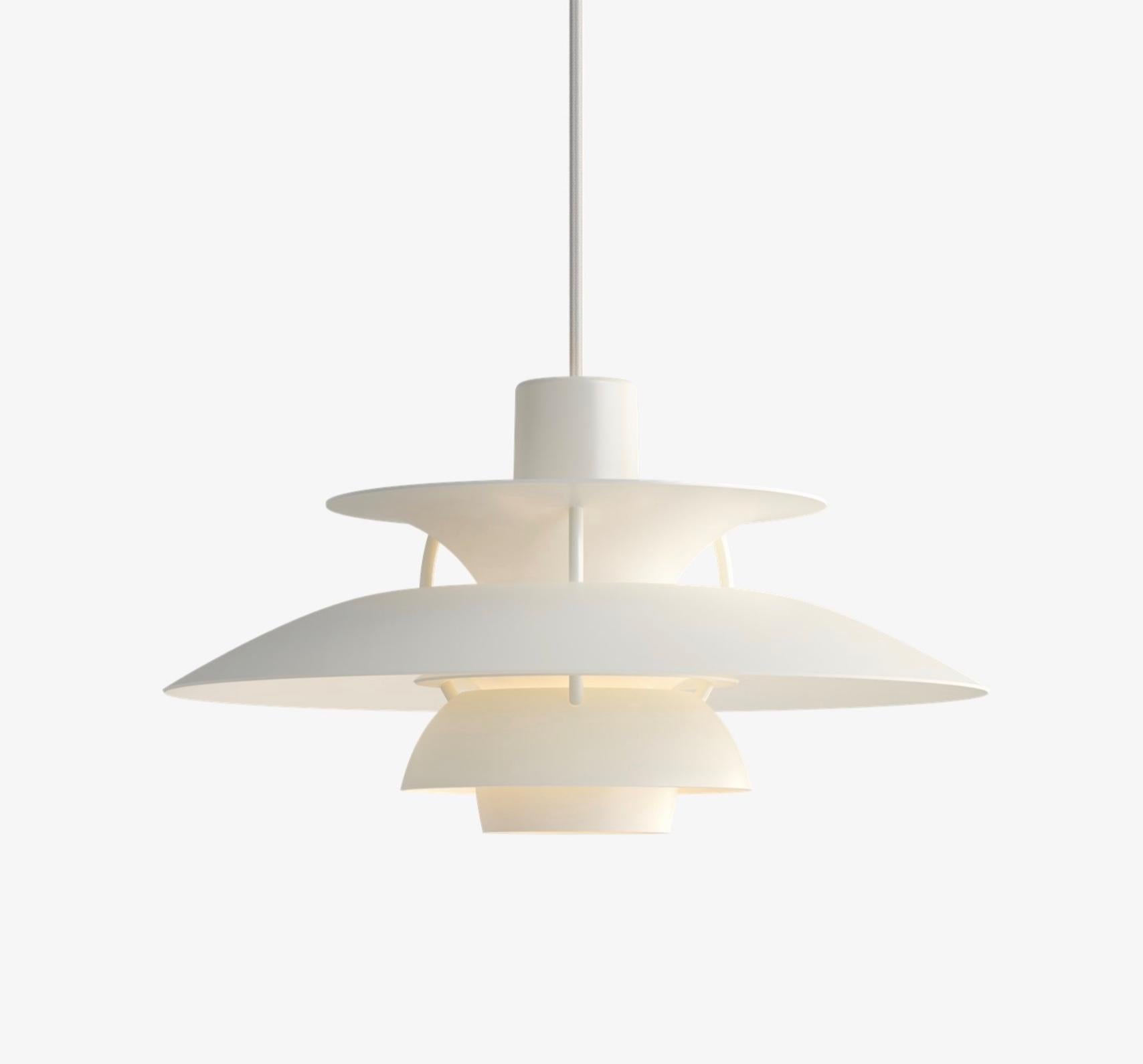 Poul Henningsen PH5 mini pendant for Louis Poulsen. Designed 1958, Mini in 2017. New, current production.

Poul Henningsen developed the PH 5 in 1958 in response to constant changes made to the shape and size of incandescent bulbs by bulb