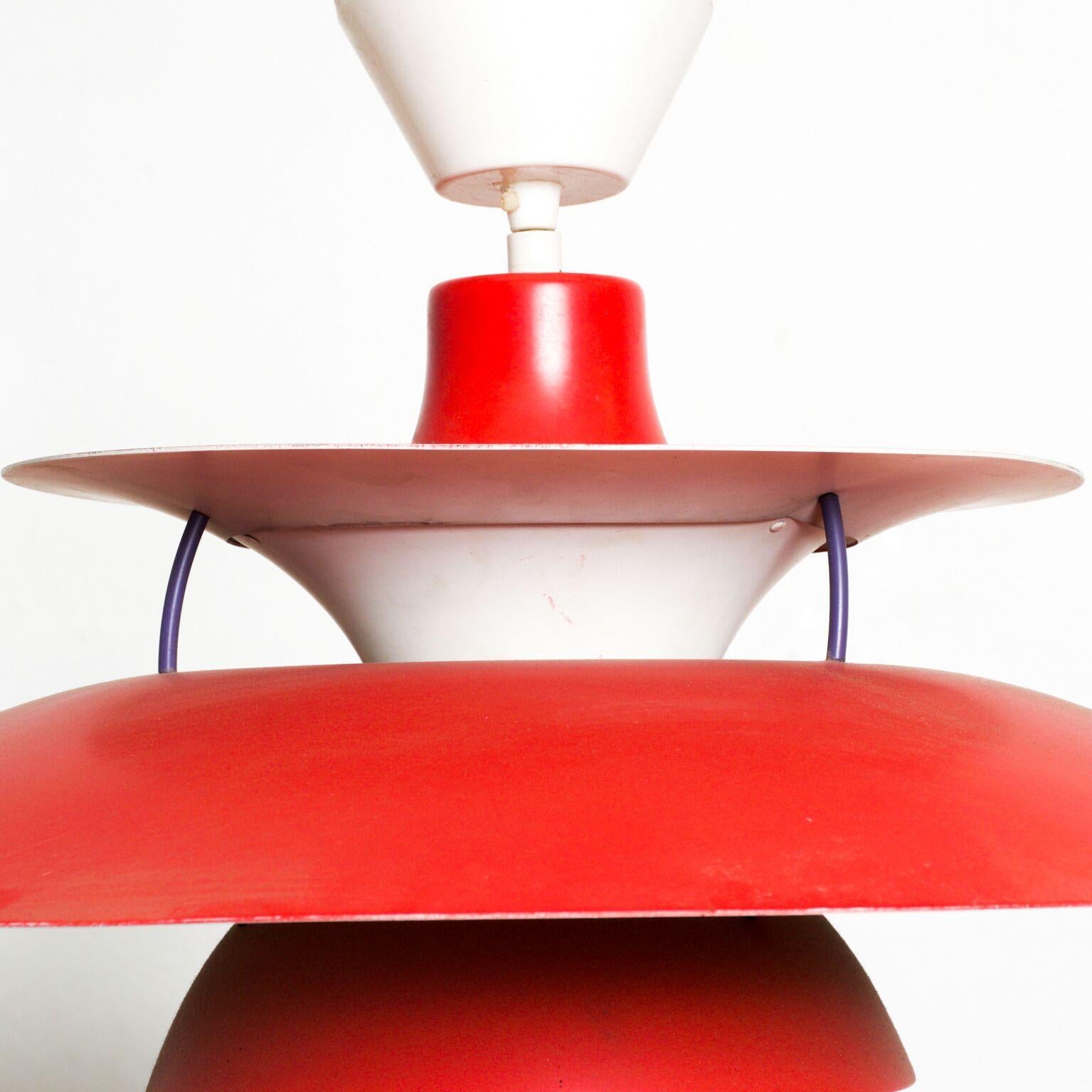 For your consideration: Iconic red hanging light Poul Henningsen for Louis Poulsen Glare Free Classic PH5 pendant lamp, circa 1958. Dimensions: 12