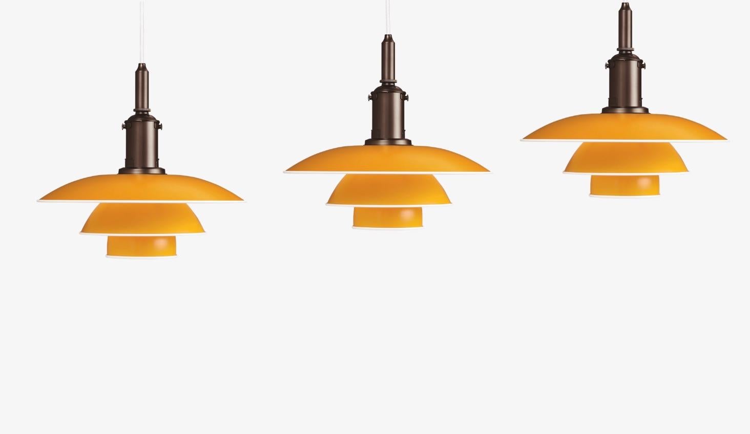 Poul Henningsen set of 3 PH 3½-3 pendants in yellow for Louis Poulsen. Denmark, New production.

The PH 3½-3 pendant is based on Poul Henningsen's original drawings from the late1920s and early 1930s, featuring his renowned three-shade system. The