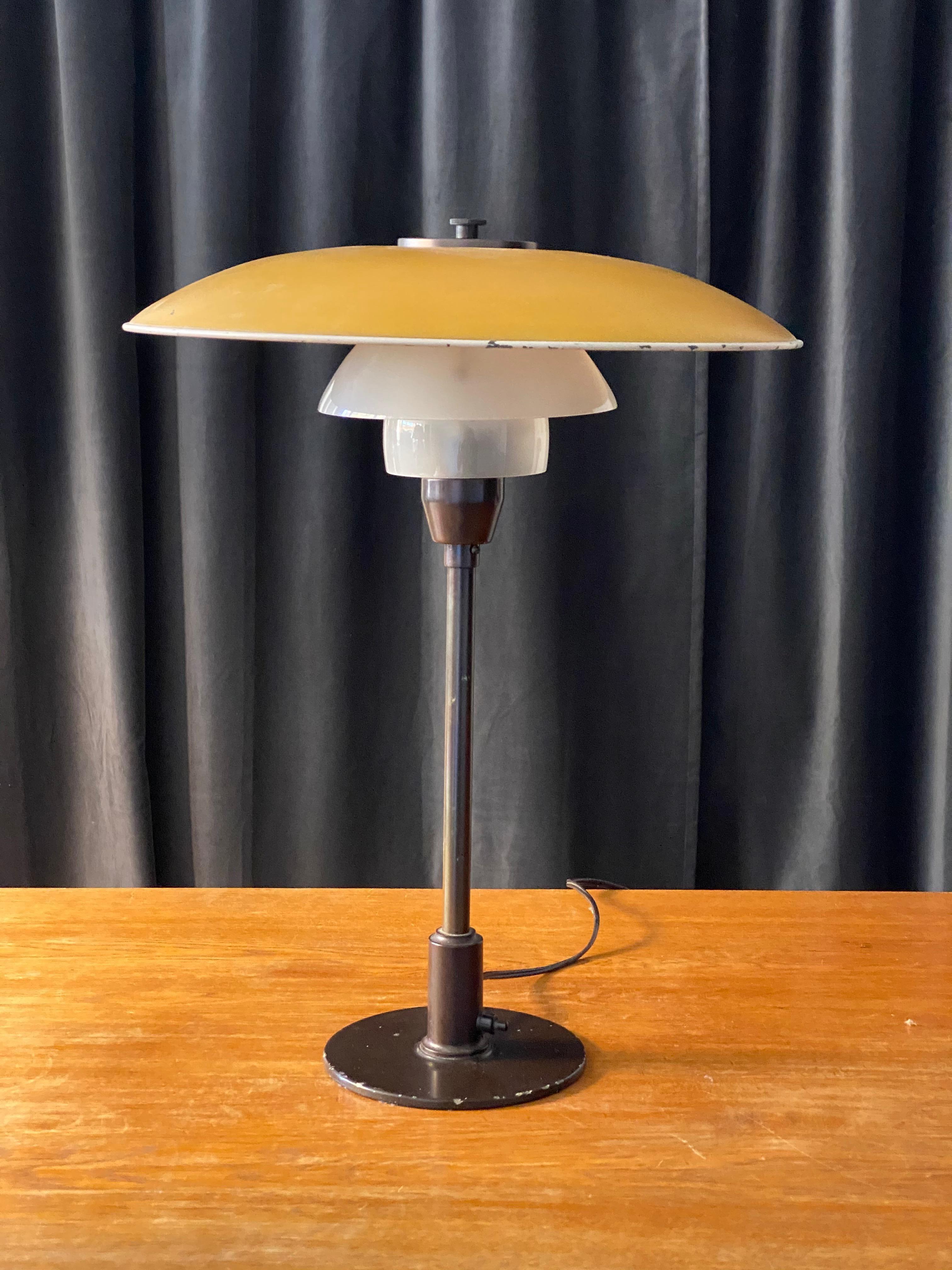 Scandinavian Modern Poul Henningsen, Table Lamp, Yellow Lacqured Metal, Glass, Denmark, 20th century