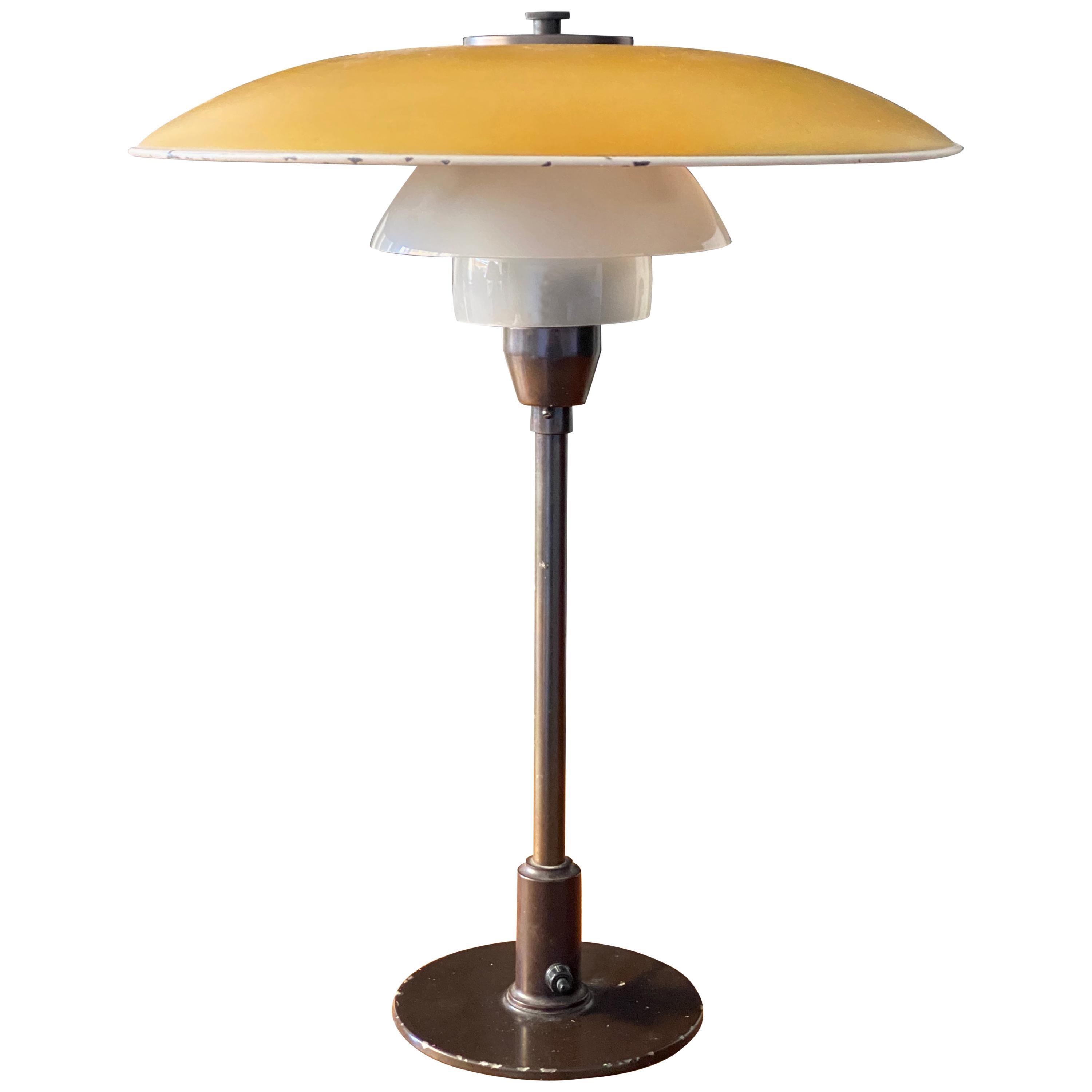 Poul Henningsen, Table Lamp, Yellow Lacqured Metal, Glass, Denmark, 20th century
