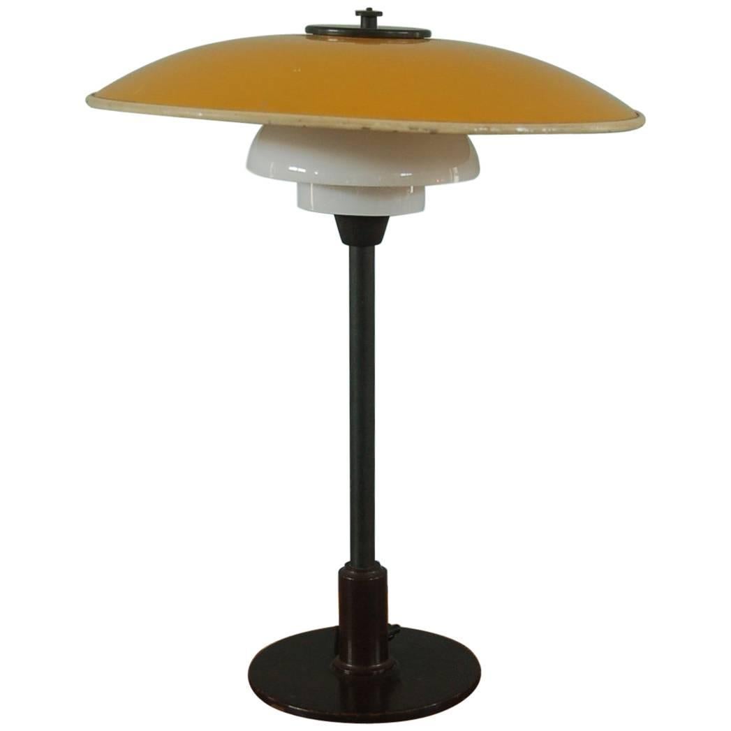 Poul Henningsen, Table Light 3/2 Yellow Metal Top Shade and Opal Glass Shades
