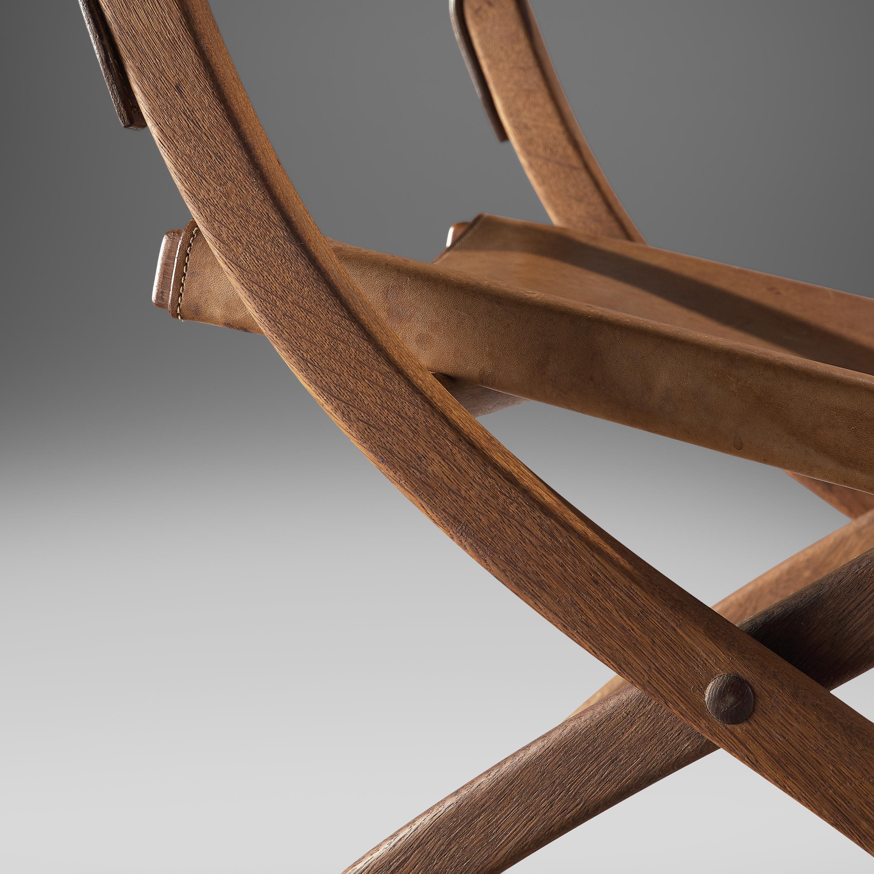 Scandinavian Modern Poul Hundevad Armchair Model 'Campaign' X-Chair in Oak and Leather