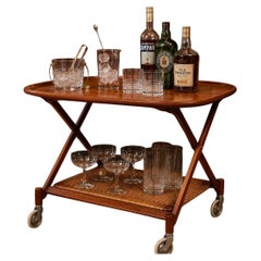 Poul Hundevad Danish Modern Folding Teak Bar Cart or Tea Trolley with Cane Shelf