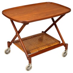 Poul Hundevad Danish Modern Folding Teak Bar Cart or Tea Trolley with Cane Shelf
