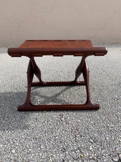 Poul Hundevad Folding Stool in Brown Leather and Teak