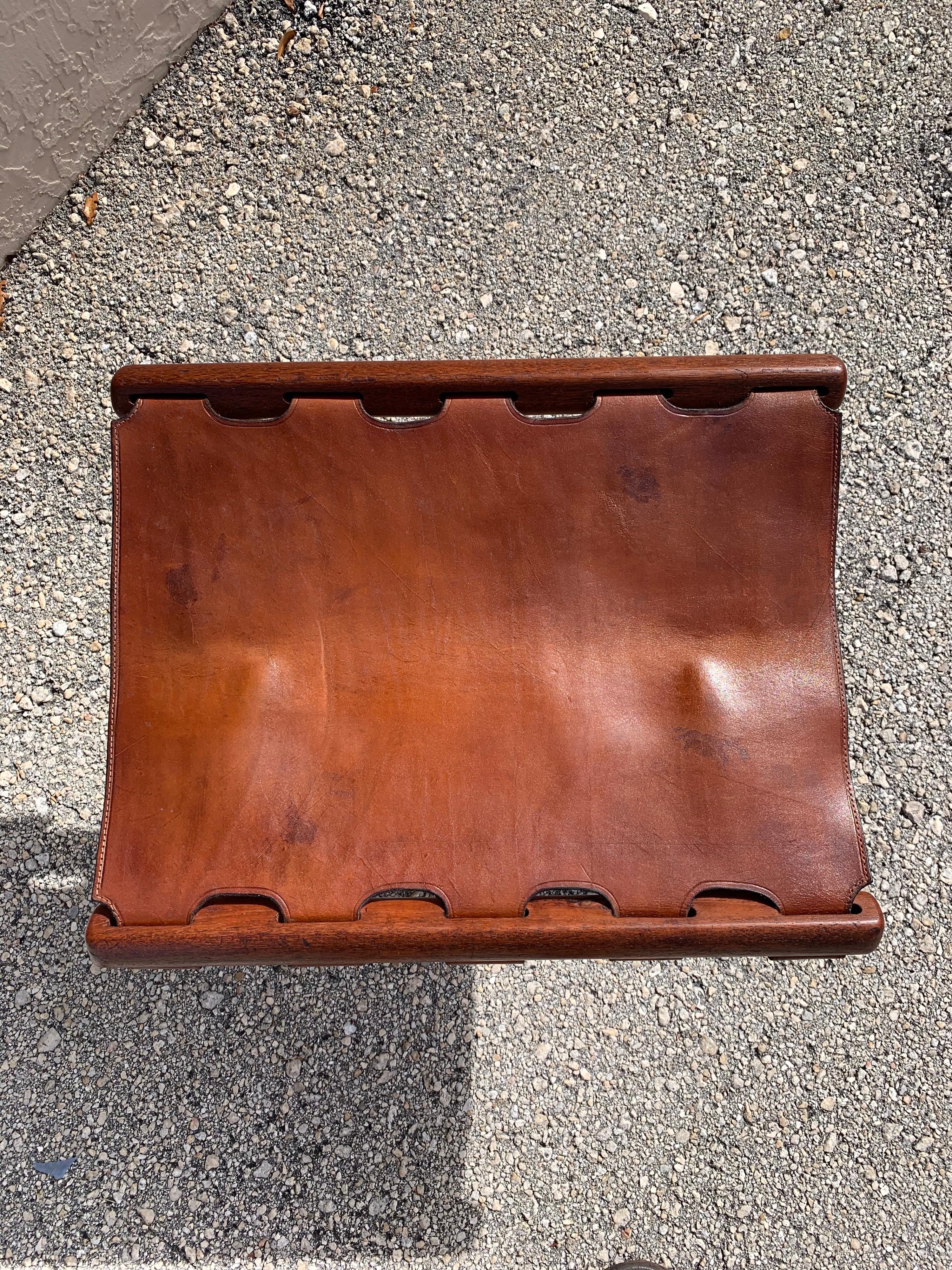 Danish Poul Hundevad Folding Stool in Brown Leather and Teak