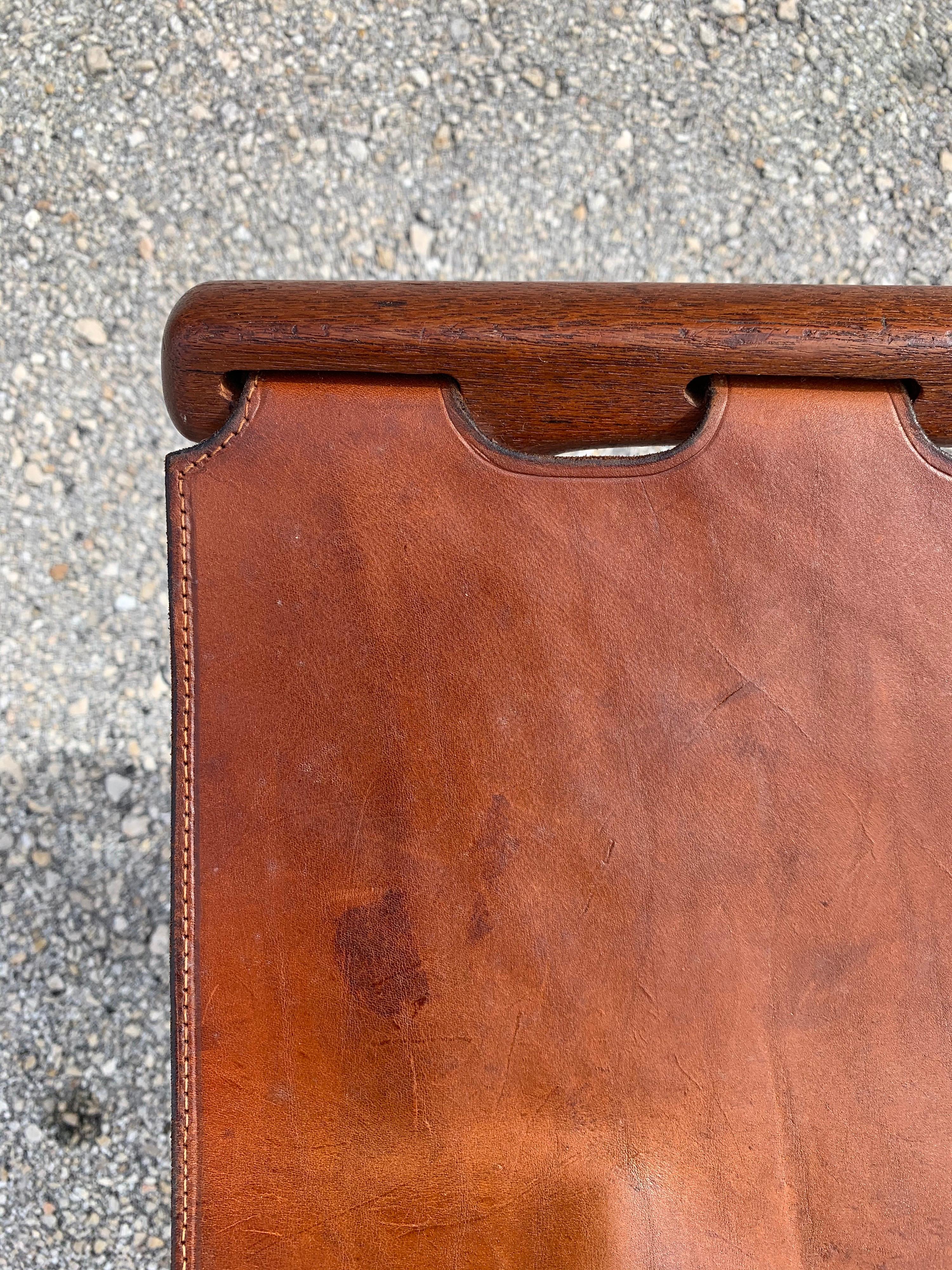 Mid-20th Century Poul Hundevad Folding Stool in Brown Leather and Teak