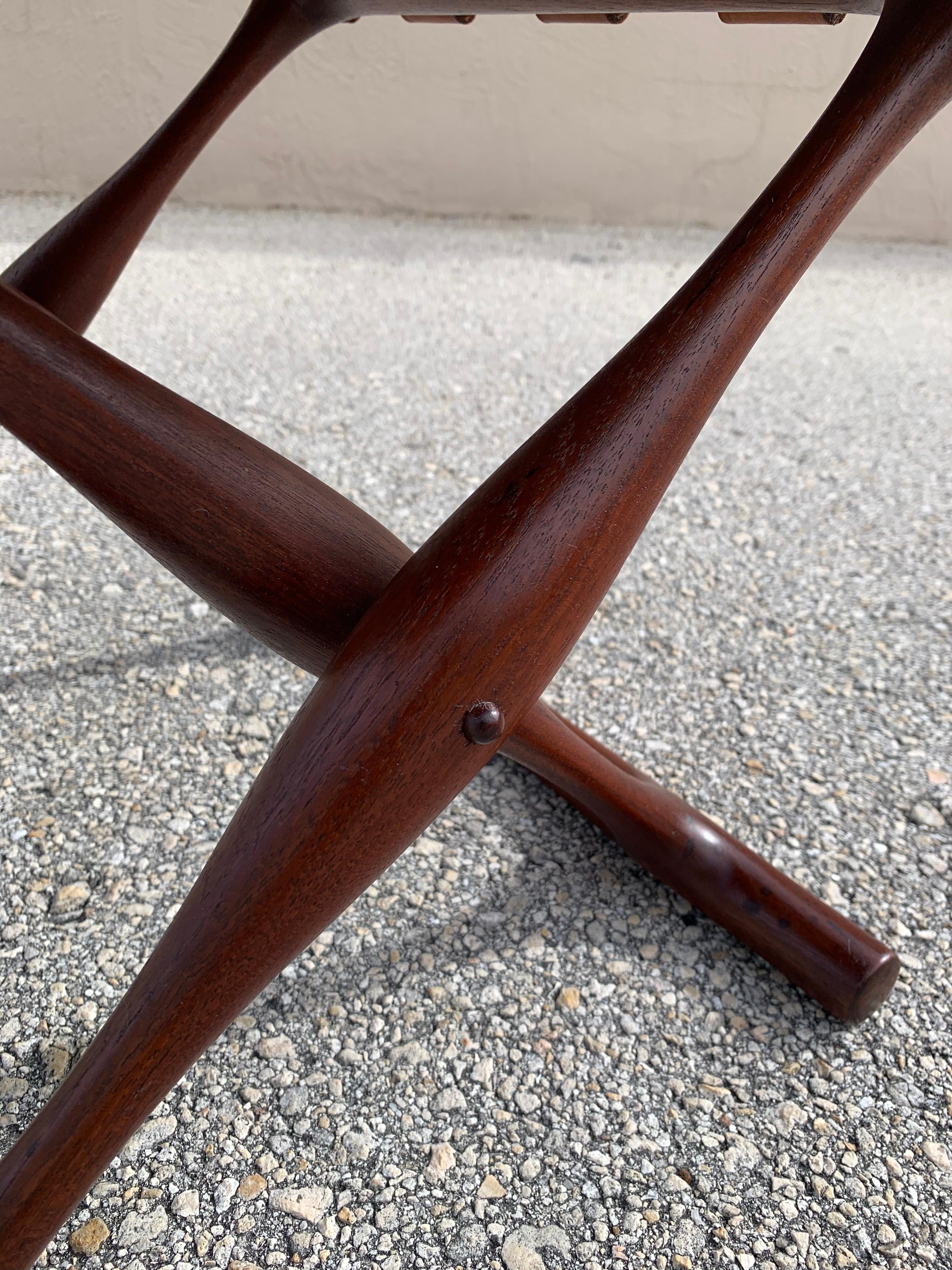 Poul Hundevad Folding Stool in Brown Leather and Teak 2