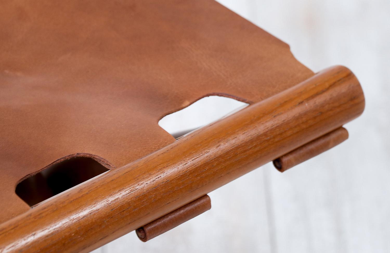 Expertly Restored - Poul Hundevad “Gold Hill” Teak & Leather Folding Stool For Sale 1