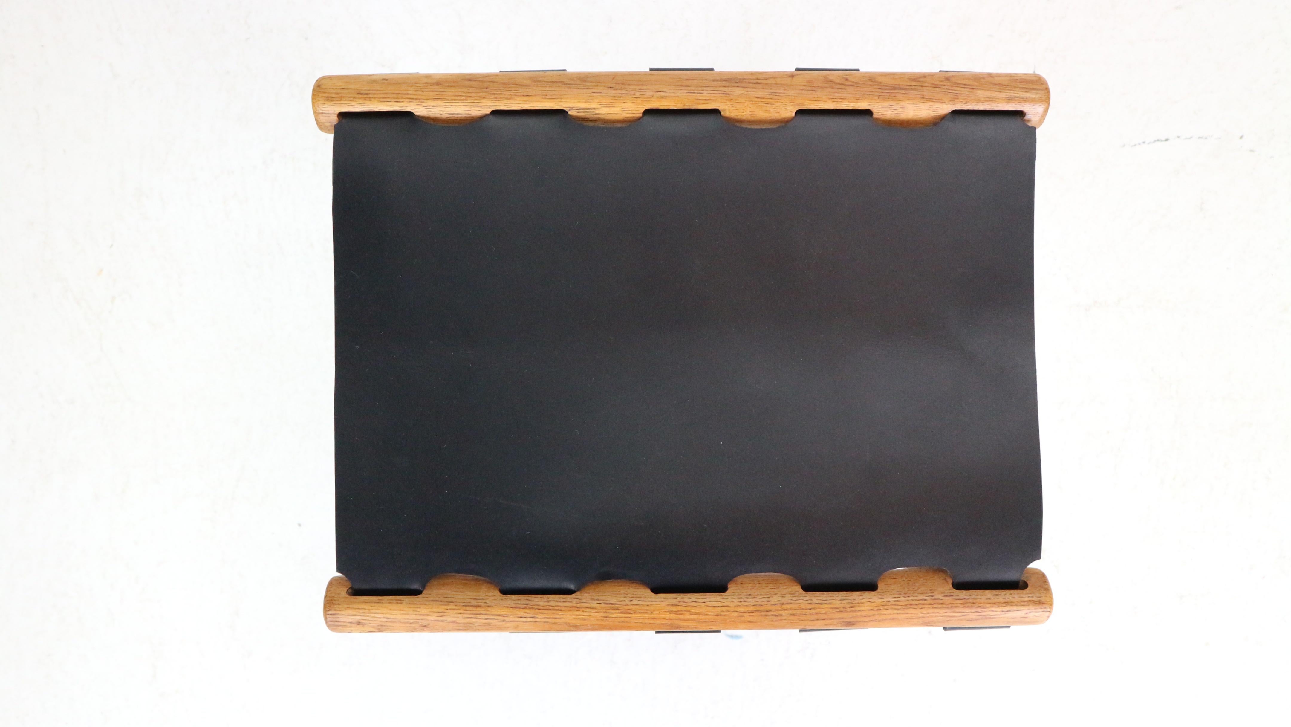 Poul Hundevad, “Guldhøj” Folding Stool Black Leather& Teak, 1950's, Denmark 5