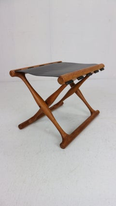 Poul Hundevad, “Guldhøj” Folding Stool Black Leather& Teak, 1950's, Denmark