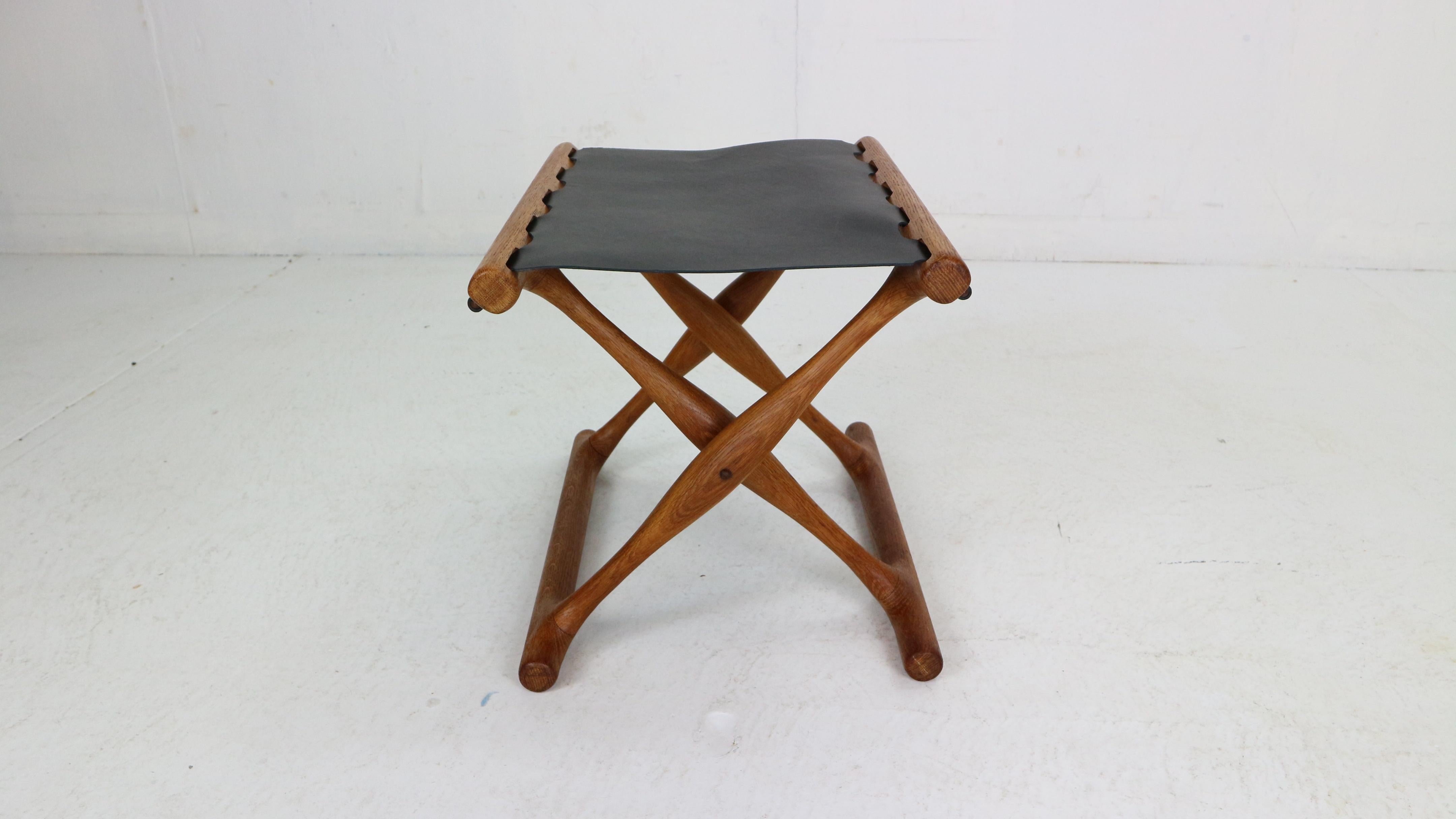 Scandinavian Modern Poul Hundevad, “Guldhøj” Folding Stool Black Leather& Teak, 1950's, Denmark