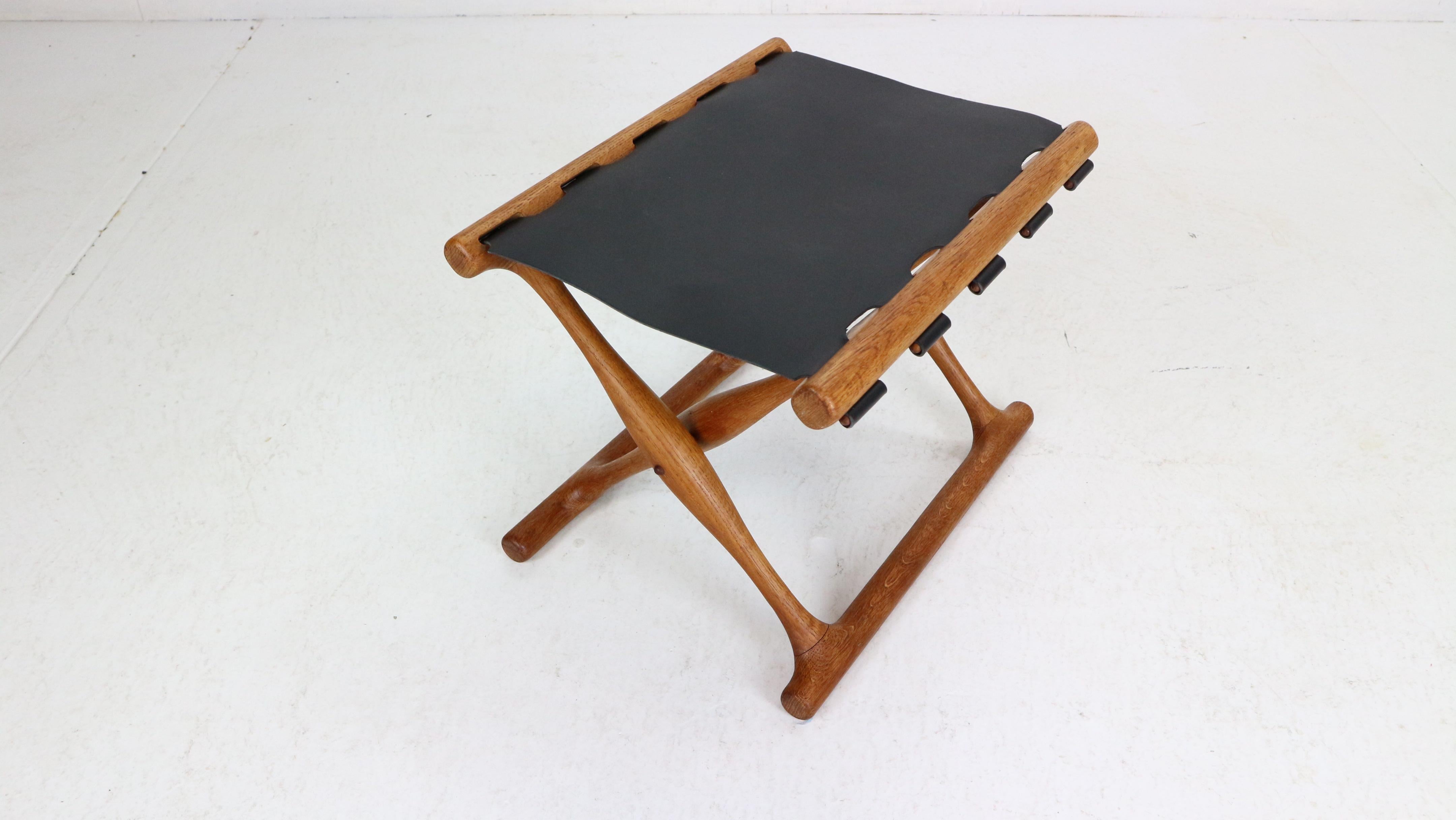 Danish Poul Hundevad, “Guldhøj” Folding Stool Black Leather& Teak, 1950's, Denmark