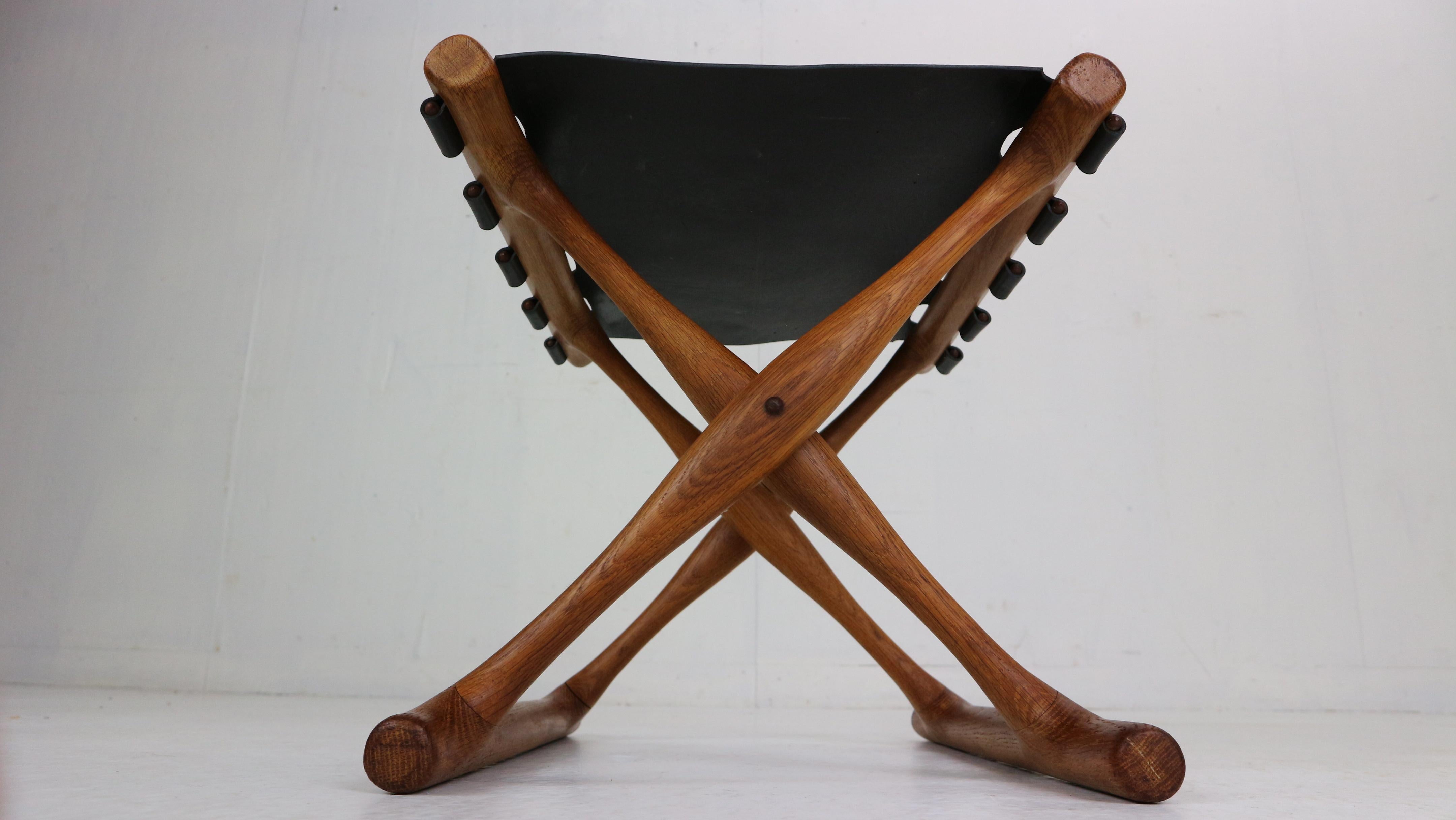 Poul Hundevad, “Guldhøj” Folding Stool Black Leather& Teak, 1950's, Denmark 3