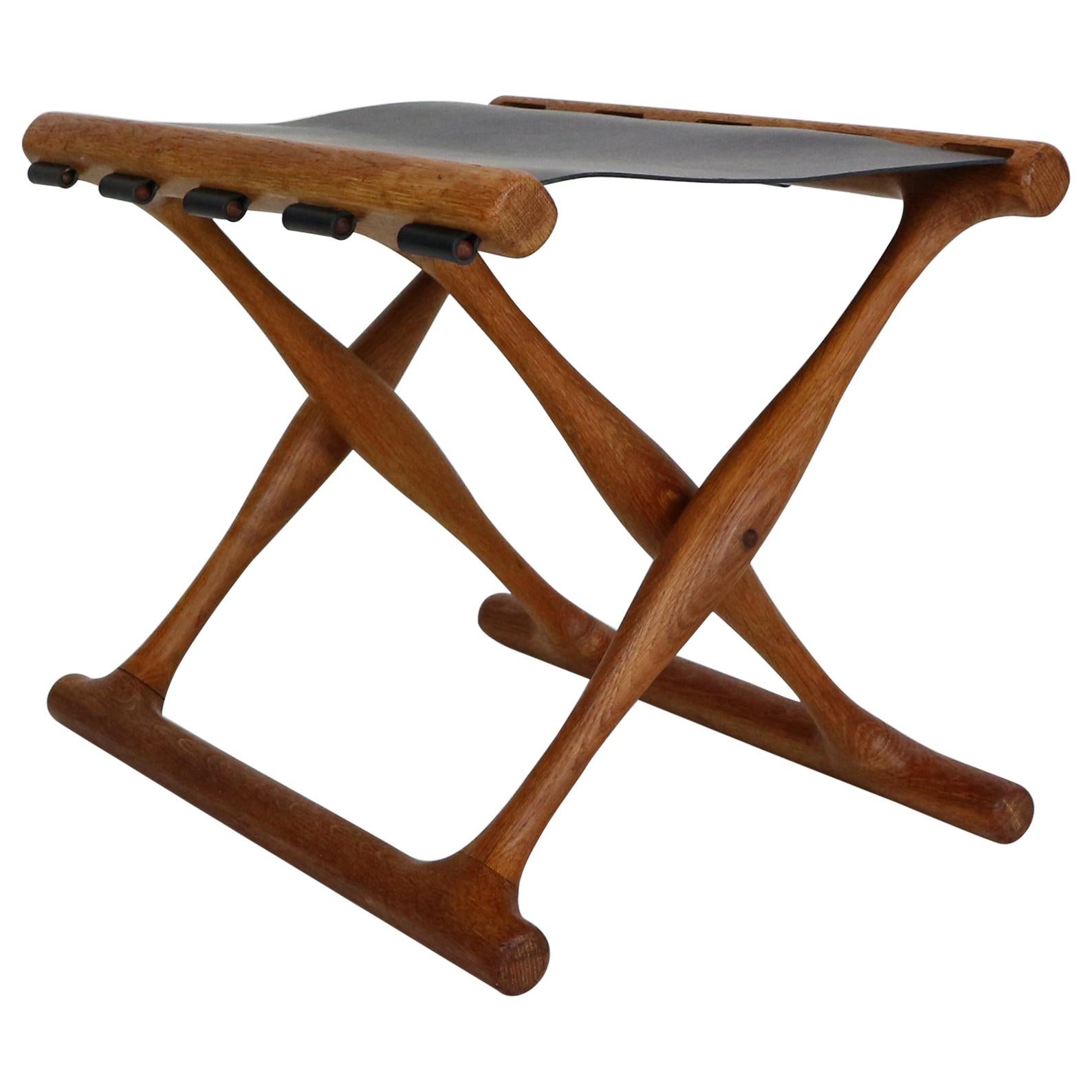 Poul Hundevad, “Guldhøj” Folding Stool Black Leather& Teak, 1950's, Denmark