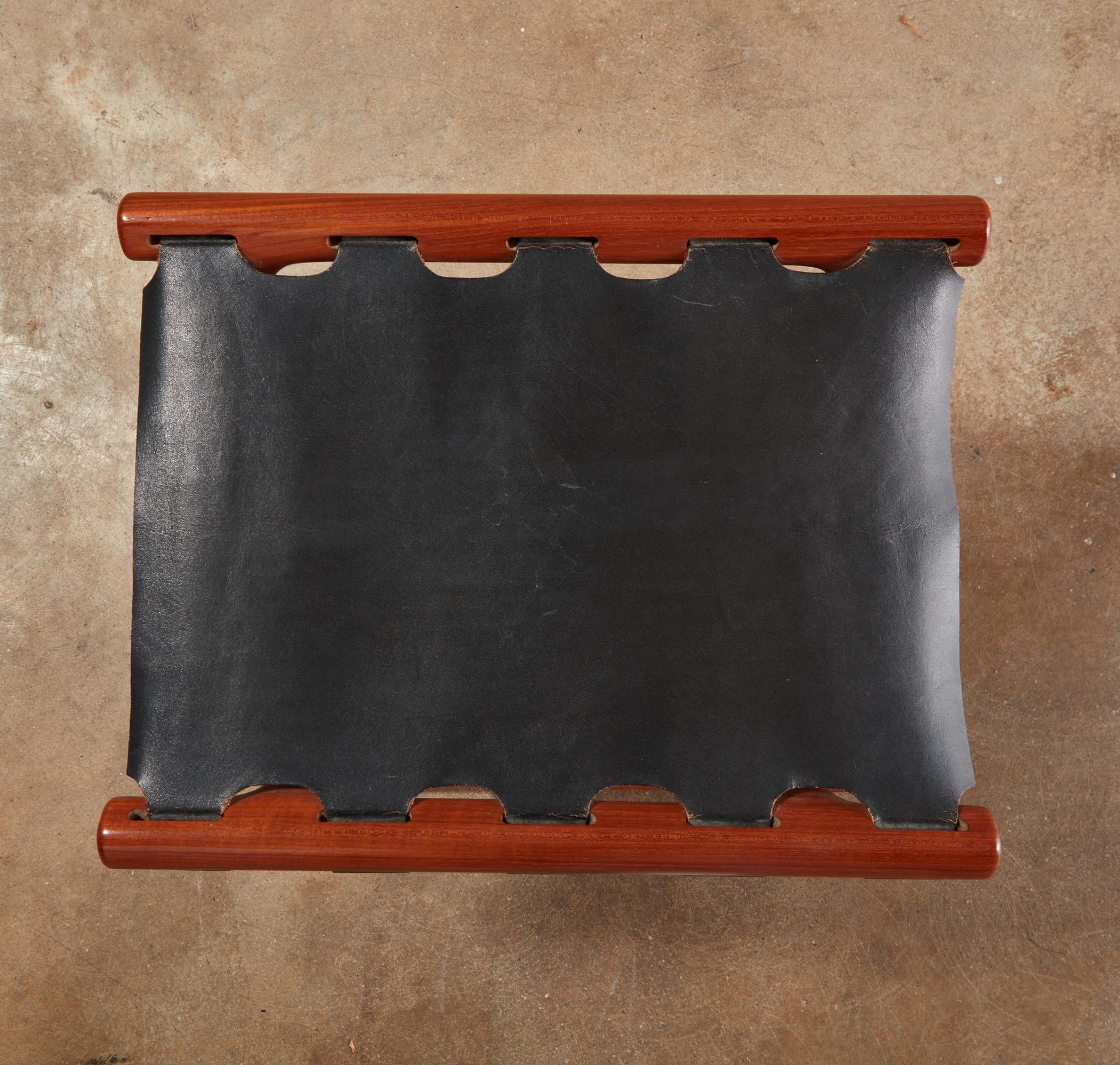 Danish Poul Hundevad, “Guldhøj” Folding Stool in Teak and Black Leather, 1960s, Denmark For Sale