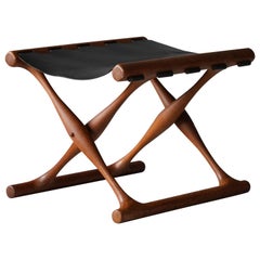 Poul Hundevad, “Guldhøj” Folding Stool, Oak, Black Leather, 1960s, Denmark