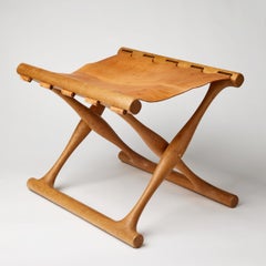 Poul Hundevad, “Guldhøj” Folding Stool, Oak, Natural Leather, 1960s, Denmark