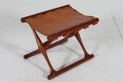 Poul Hundevad Guldhøj Stool of Teak and Cognac Color Leather Denmark Mid-Century