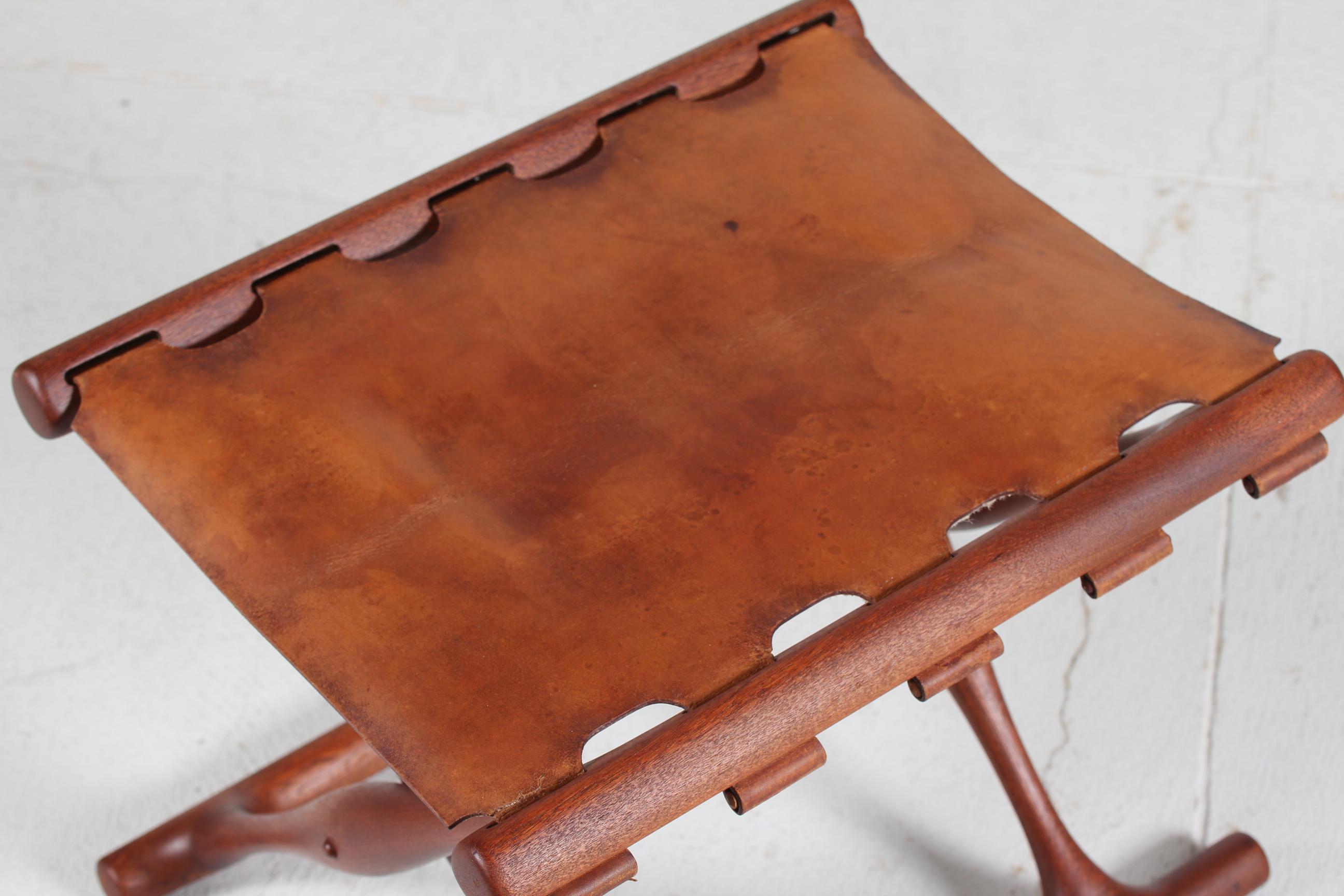 Woodwork Poul Hundevad Guldhøj Stool of Teak and Cognac Color Leather Denmark Mid-Century