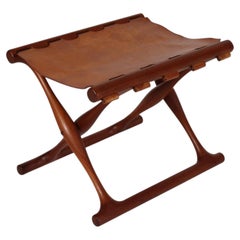 Poul Hundevad Guldhøj Stool of Teak and Cognac Color Leather Denmark Mid-Century