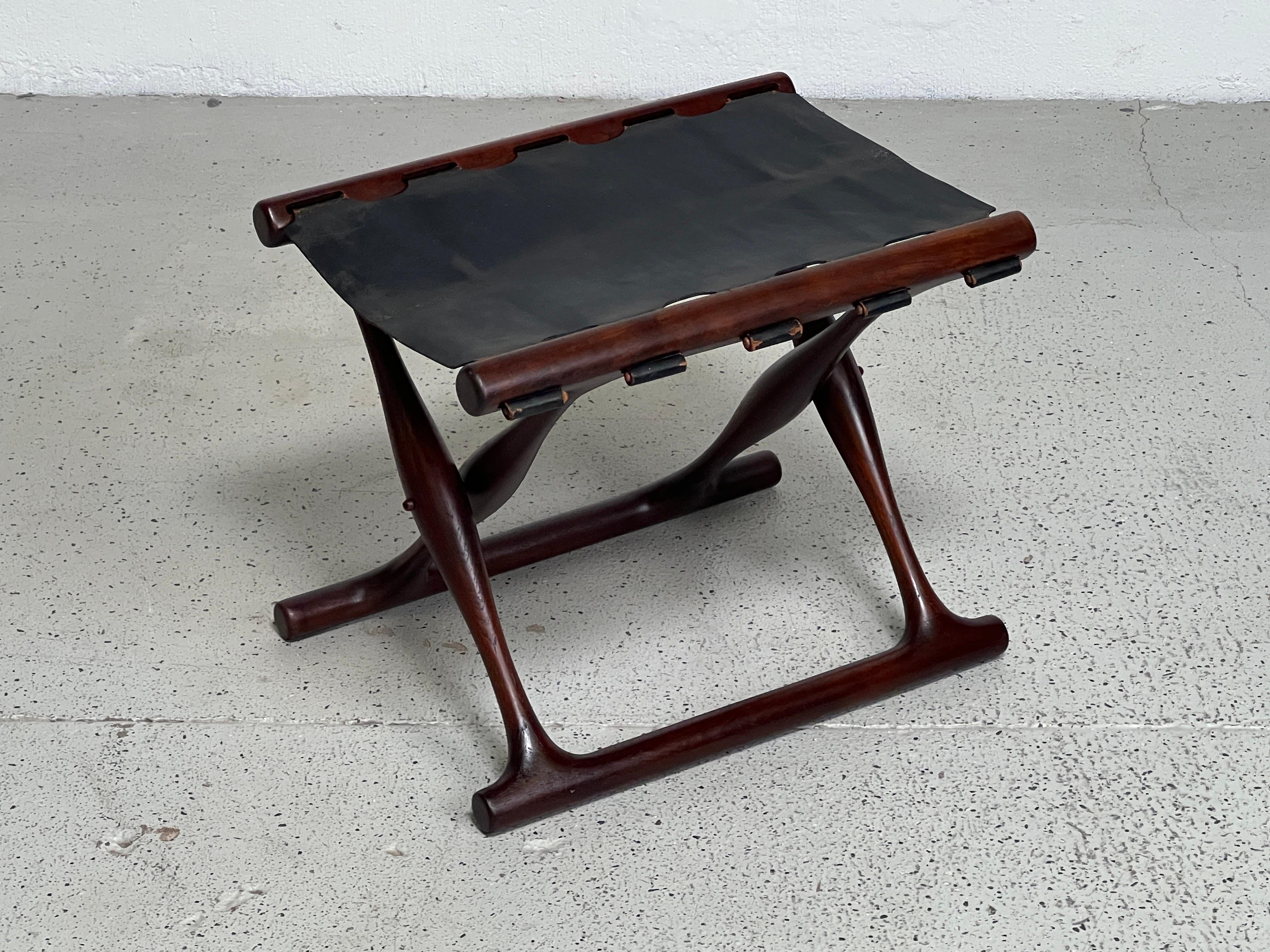 Leather Poul Hundevad Guldhoj Folding Stool in Teak For Sale