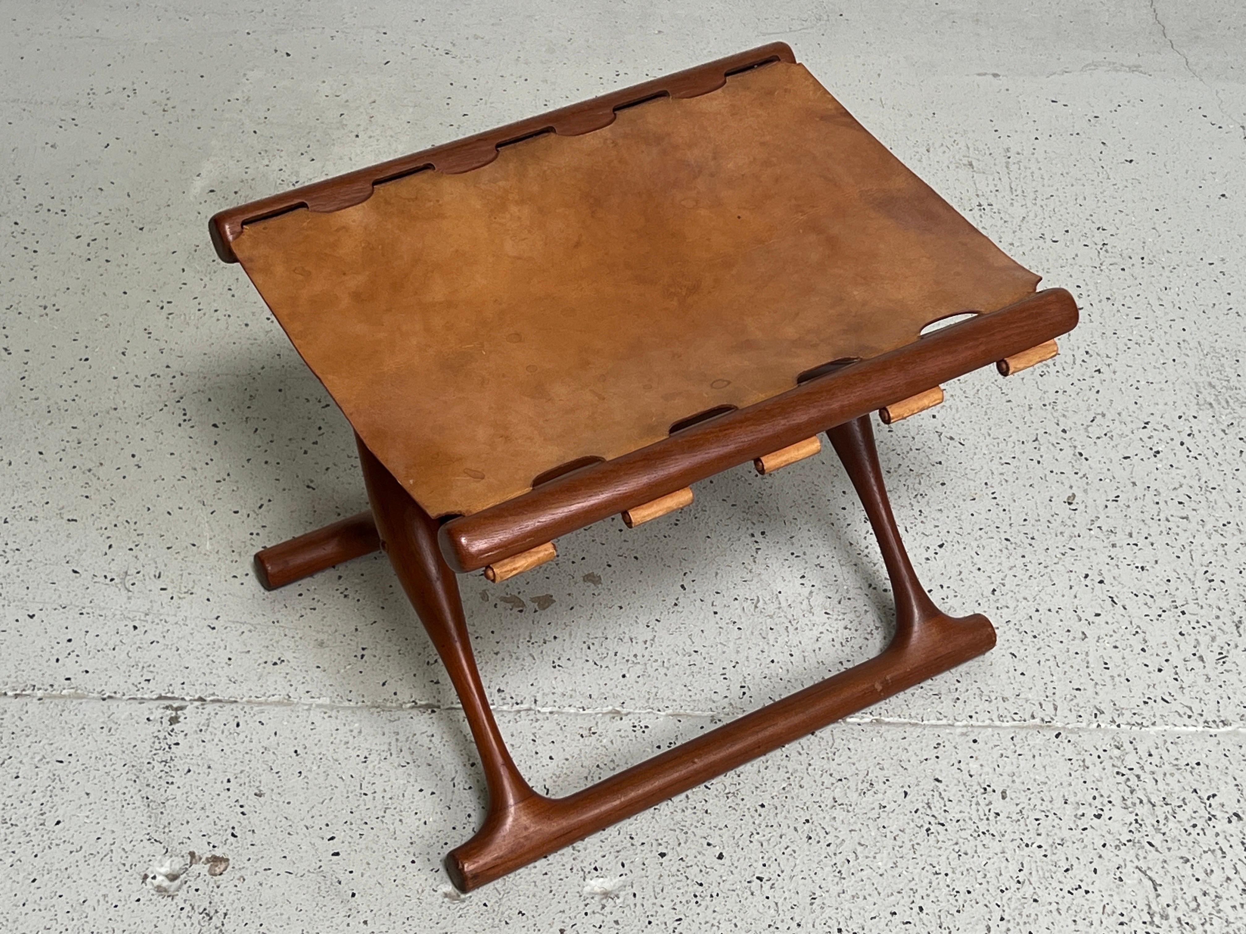 Leather Poul Hundevad Guldhoj Folding Stool in Teak For Sale